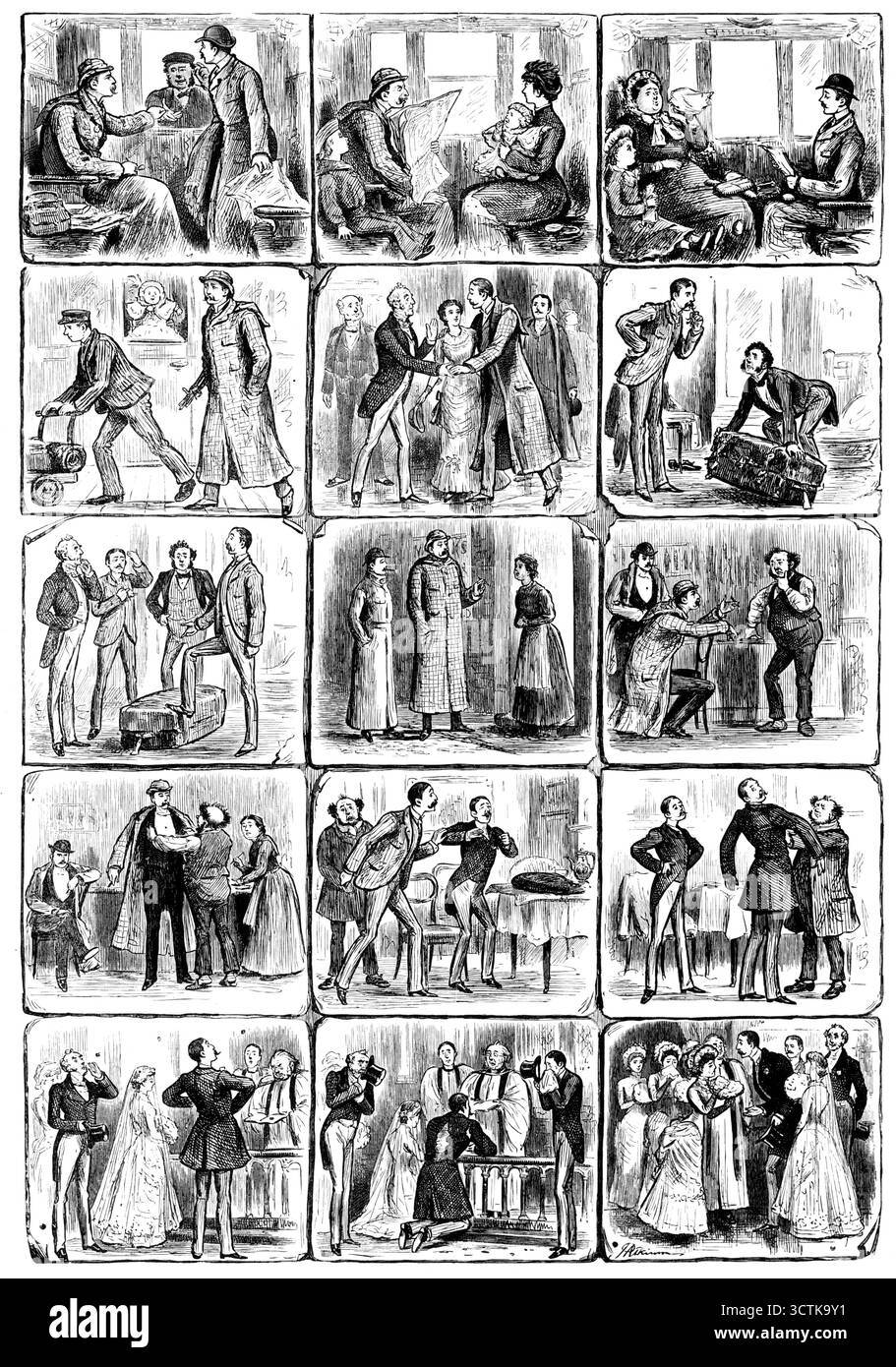 My Matrimonial Suit, disegnata da J. P. Atkinson, 1883. Illustrazione di un racconto breve. '...un terribile sospetto mi ha colpito. Avevo preso il portmanteau di qualcun altro!...il mio portmanteau perduto conteneva tutti i miei abiti da sposa per la cerimonia della mattina successiva. Una fredda sudorazione è scoppiata sulla mia fronte... [al] negozio [del sarto]... il nostro nuovo ally...proceeded per prendere la mia misura per un cappotto... alle dieci precisamente, la mattina seguente, il signor Munks si è presentato con il pacco... non posso dire che sia stato un successo incondizionato. La rigorosa precisione mi costringe a dichiarare che la struttura era stretta dove avrebbe dovuto Foto Stock