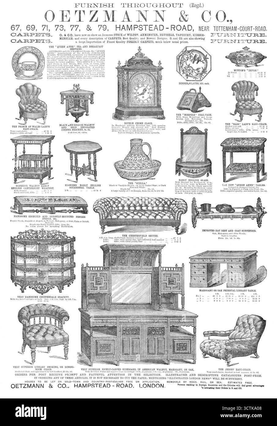 Pubblicità per Oetzmann &amp; Co, mobili, 1883. ARREDATO OVUNQUE... IL TÈ E LA COLAZIONE DELLA "REGINA ANNA". LA POLTRONA DELLA PRINCE OF WALES LADY, MOLTO COMODA. STAFFA ANGOLARE DECORATA IN NERO E ORO O NOCE E ORO. SUPERIOR WALNUT EARLY ENGLISH CANTERBURY WHATNOT. EDONIZED EARLY ENGLISH OCCASIONAL TABLE. SPLENDIDO PARAFANGO, SGABELLI ORMOULU E EBONIZED. STAFFA CHIPPENDALE MOLTO BELLA. Con sei piastre smussate sul retro. UNA BIBLIOTECA MOLTO SUPERIORE PER FUMATORI O CON SEDIA DA PRANZO. Ripieni tutti i capelli e rivestiti in migliore pelle. OROLOGIO CON DOPPIO SEGNALE ACUSTICO. LO "STEL Foto Stock
