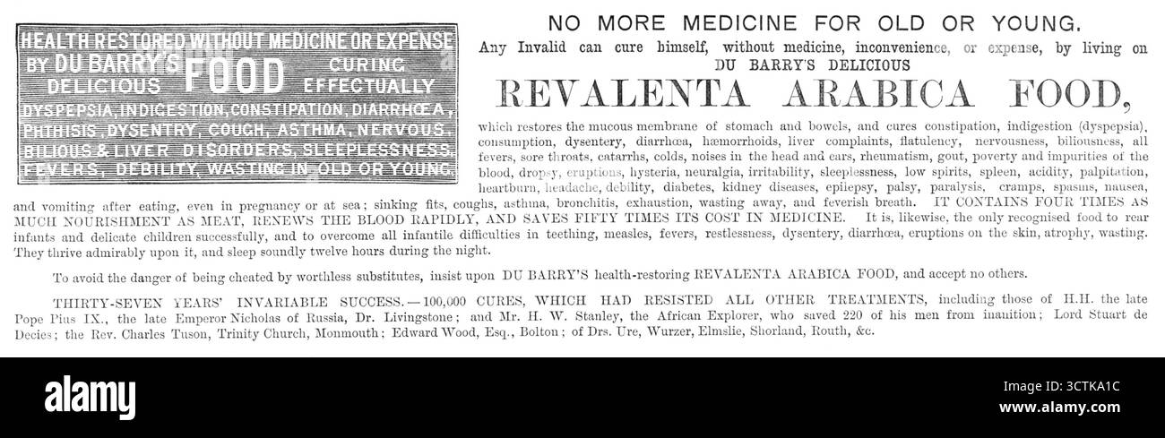 Pubblicità per Revalenta arabica Food, 1883. NIENTE PIÙ MEDICINE PER VECCHI O GIOVANI. Qualsiasi Invalid può curarsi, senza medicine, inconvenienti o spese, vivendo il DELIZIOSO CIBO REVALENTA ARABICA di DU BARRY, che ripristina la mucosa dello stomaco e delle viscere e cura la costipazione, l'indigestione (dispepsia), il consumo, la dissenteria, diarrea, emorroidi, disturbi epatici, flatulenza, nervosismo, biliarità, tutte le febbri, mal di gola, catarrhe, raffreddori, rumori della testa e delle orecchie, reumatismi, gotta, povertà e impurità del sangue, idropisia, eruzioni, isteria, nevralgia, irri Foto Stock