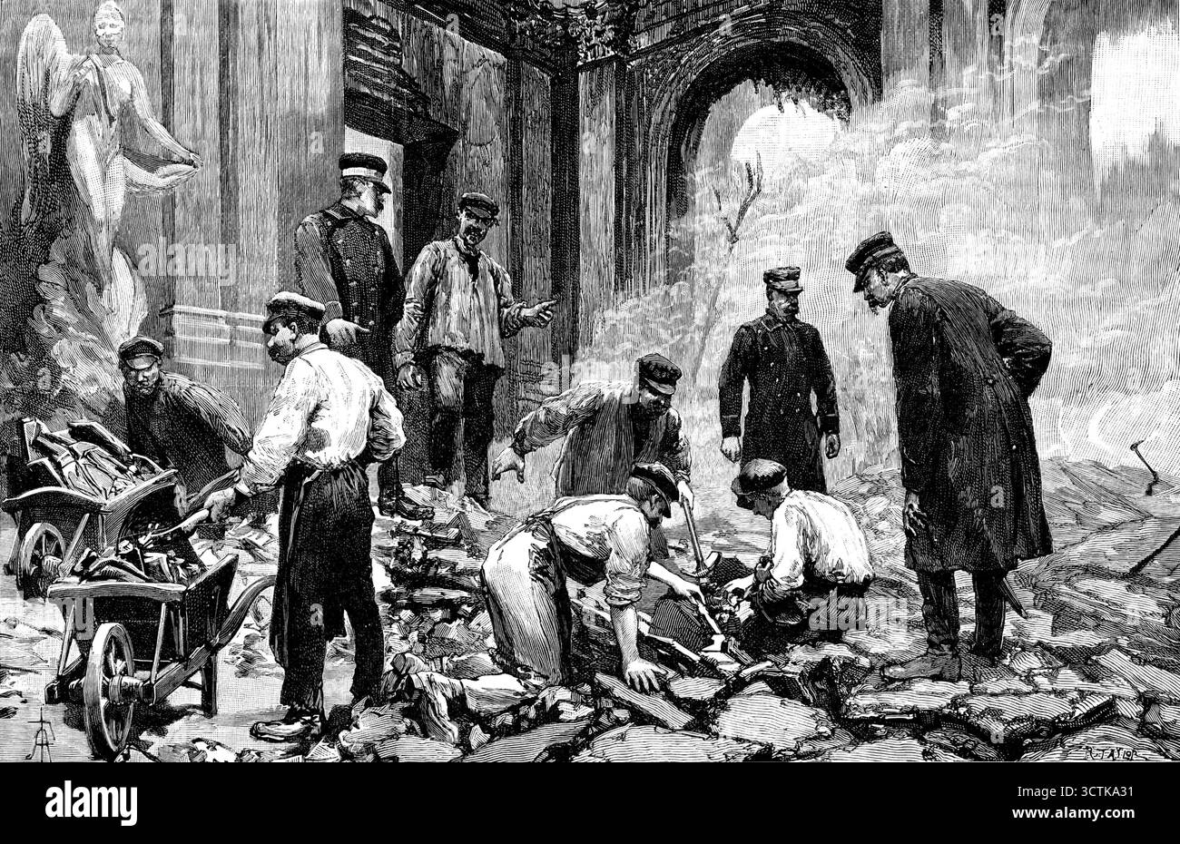 Palazzo reale di Laeken, Bruxelles, distrutto da un incendio: Ricerca di oggetti di valore, 1890. "Il giorno di Capodanno...un incendio, accidentalmente causato, scoppiò nel Palazzo reale...che fu completamente distrutto...dopo l'ascesa dell'attuale famiglia regnante, sono state apportate grandi aggiunte e migliorie all'edificio; molte foto di valore e un gran numero di tesori d'arte sono stati aggiunti alle collezioni; e la biblioteca era di notevole importanza...il piano terra dell'ala sinistra conteneva gli appartamenti della Regina, e gli appartamenti del Re erano al primo piano: Nell'ala destra, Foto Stock