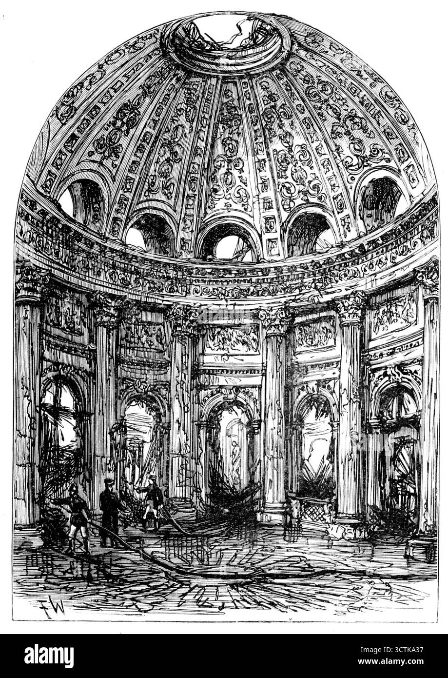 Il Palazzo reale di Laeken, Bruxelles, distrutto da un incendio: Il Vestibule, 1890. "Il giorno di Capodanno... un incendio, accidentalmente causato, scoppiò nel Palazzo reale... che fu completamente distrutto... dopo l'ascesa dell'attuale famiglia regnante, sono stati apportati grandi miglioramenti e aggiunte all'edificio; sono state aggiunte molte foto preziose e un gran numero di tesori artistici alle collezioni; e la biblioteca era di importance...in persone l'ala destra, al piano terra, era la Salle des Gobelins, adornata con raffinati arazzi, la Salle des Mar&#xe9;chaux, e una sala precedentemente r Foto Stock