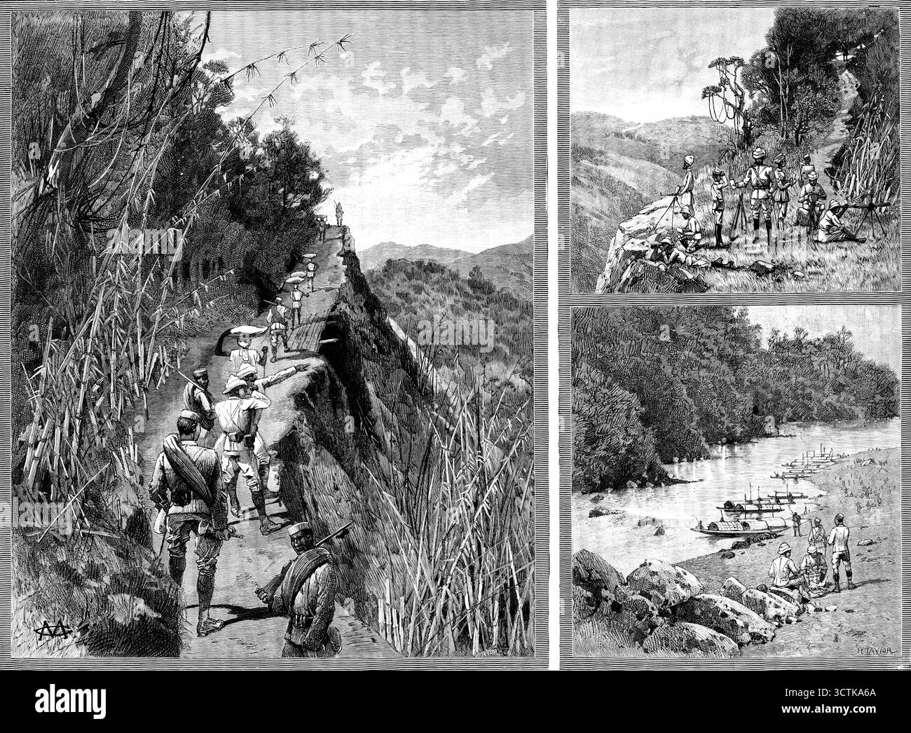 Con la spedizione Lushai, 1890. "Le fredde che trasportano sacchi di riso su un sentiero di montagna; la festa di segnalazione con l'eliografo; l'accampamento a Outan Chitra, sul fiume Kurnafuli...le diverse nazioni e tribù di alpinisti selvaggi che abitano gli altopiani tra Chittagong...e la frontiera occidentale dell'alto Burmah, sono di razza quasi alleata. I Lushais, Shendus e Kukis hanno spesso dato molti problemi al governo del Bengala; e i Chin persistono nelle loro incursioni, verso est, nei territori sotto la protezione britannica in Burmah...spedizioni per castigare entrambe queste nazioni ostili Foto Stock