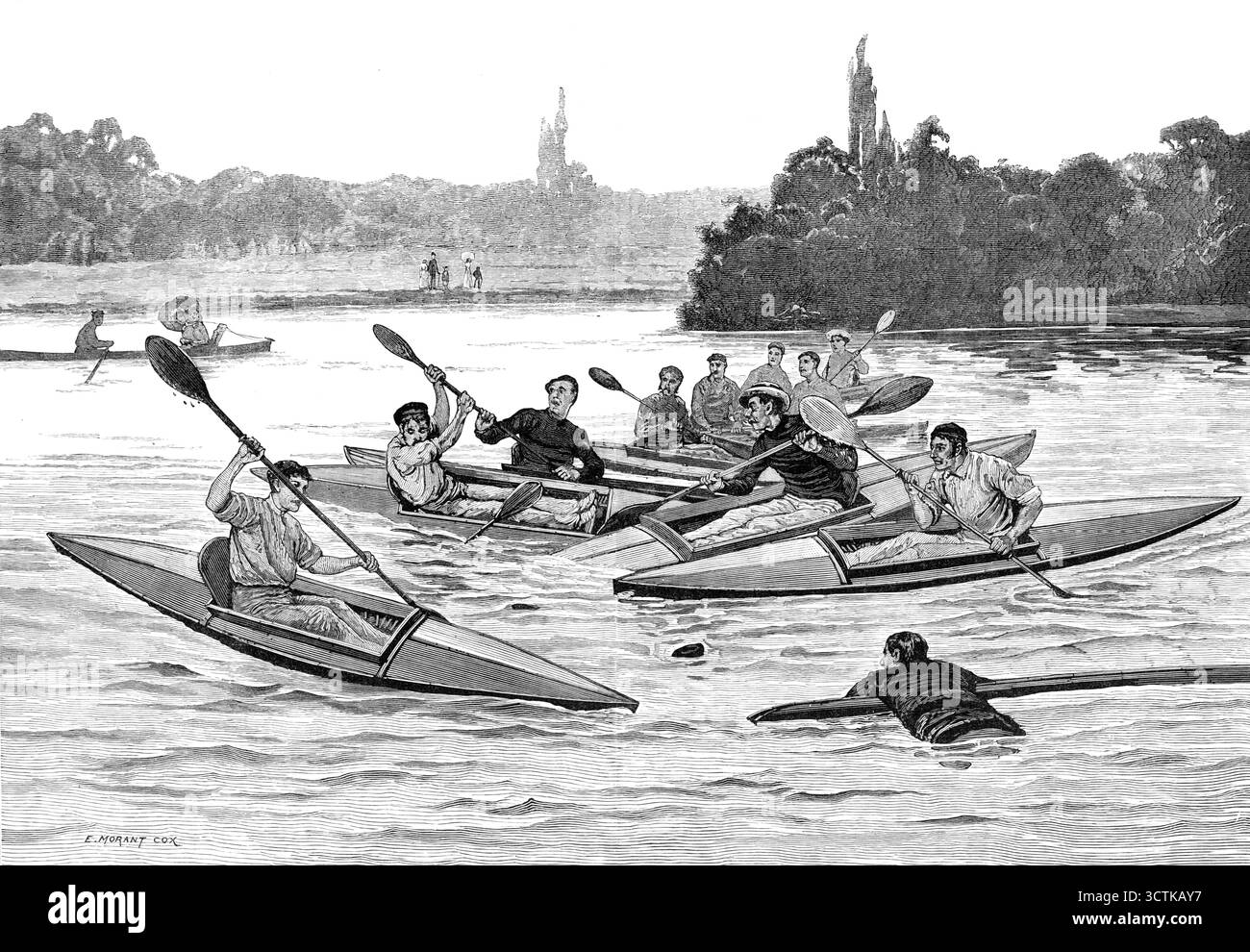 Polo d'acqua, 1883. "Gli ufficiali dei reggimenti di cavalleria britannici e dell'artiglieria a cavallo, negli ultimi dieci o quindici anni, sono diventati molto dipendenti dal "Polo", una specie di passatempo che si dice sia stata importata dalla frontiera nord-occidentale dell'India, e che abbia avuto origine, da molti anni, tra gli agili cavalieri della Persia, o i vicini Turcomani e afghani... Una scena curiosa e divertente, rappresentata nella nostra illustrazione, è stata recentemente esposta sull'acqua ornamentale di uno dei parchi londinesi da un gruppo di signori in canoa, che hanno alzato una variante acquatica di Polo, setti Foto Stock