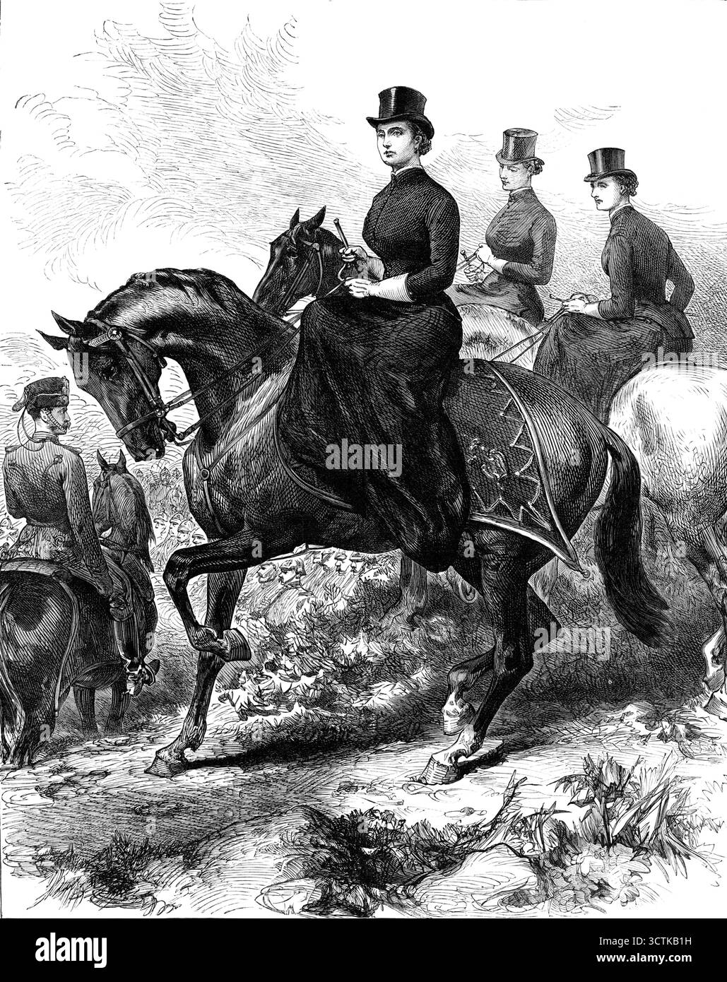 La Principessa della Corona Imperiale di Germania alle manovre dell'esercito tedesco, 1883. "Le truppe riunite [sullo storico campo di battaglia di Rossbach] erano quelle del IV corpo d'armata, sotto il comando del generale Blumenthal... la nostra incisione in prima pagina mostra la Principessa della Corona Imperiale di Germania, Principessa reale di Gran Bretagna, come apparve sul campo, nella sua uniforme nera del reggimento ussari di cui sua altezza Imperiale è colonnello titolare... la forza assemblata comprendeva tredici reggimenti di fanteria, sei di cavalleria ussari (uno di due di Ussilani, uno di Ussilani, uno di Draghi) e due di Ussari e due di Hessia Foto Stock