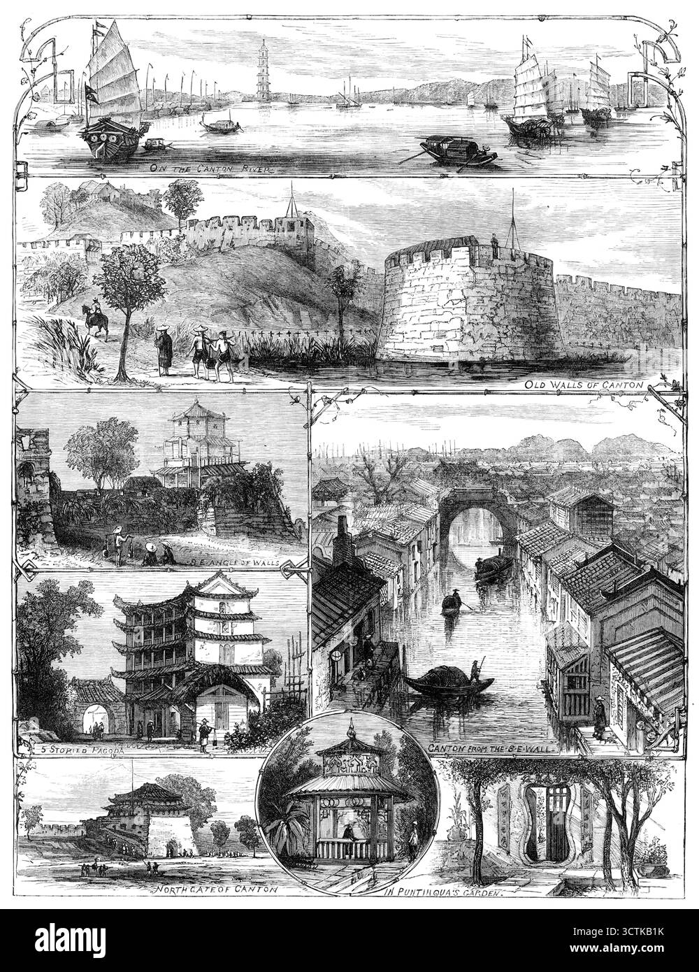 Schizzi a Canton, 1883. Incisioni su disegni del capitano S. P. Oliver, Royal Artillery, '...prese più di venti anni fa, al tempo della guerra anglo-francese con la Cina... [mostrando] il fiume Canton, con giunche e chiatte native, e con un'alta pagoda sulla sponda lontana ; le antiche mura e i bastioni della città, la cui muratura sbriciolata non poteva resistere a lungo all'effetto dell'artiglieria moderna; S. E. Angle of Walls; Canton dal S. E. Wall: il canale interno, con le sue file di case costruite da vicino e i suoi alti ponti; la pagoda a cinque piani, o tempio, attaccato a un ricco monastero Foto Stock