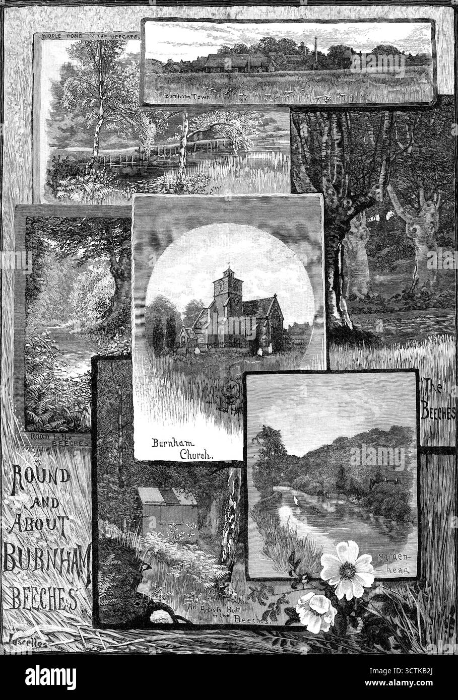 Round e a proposito di Burnham Beeches, 1883. "Middle Pond in the Beeches; Burnham Town; Road to the Beeches; Burnham Church; The Beeches; an Artist's Hut in the Beeches; Maidenhead...The Burnham Beeches sono a circa sei miglia da Slough, e cinque o sei da Windsor, vicino a quella deliziosa parte del fiume [Tamigi] che inizia a Taplow, si estende oltre le rive boscose di Cliveden, verso Cookham e Marlow, per lo scenario delle contee di cui sono note. Il villaggio di Burnham, chiamato "Burnham Town" dagli abitanti del villaggio, è distante un miglio o due dal grov Foto Stock