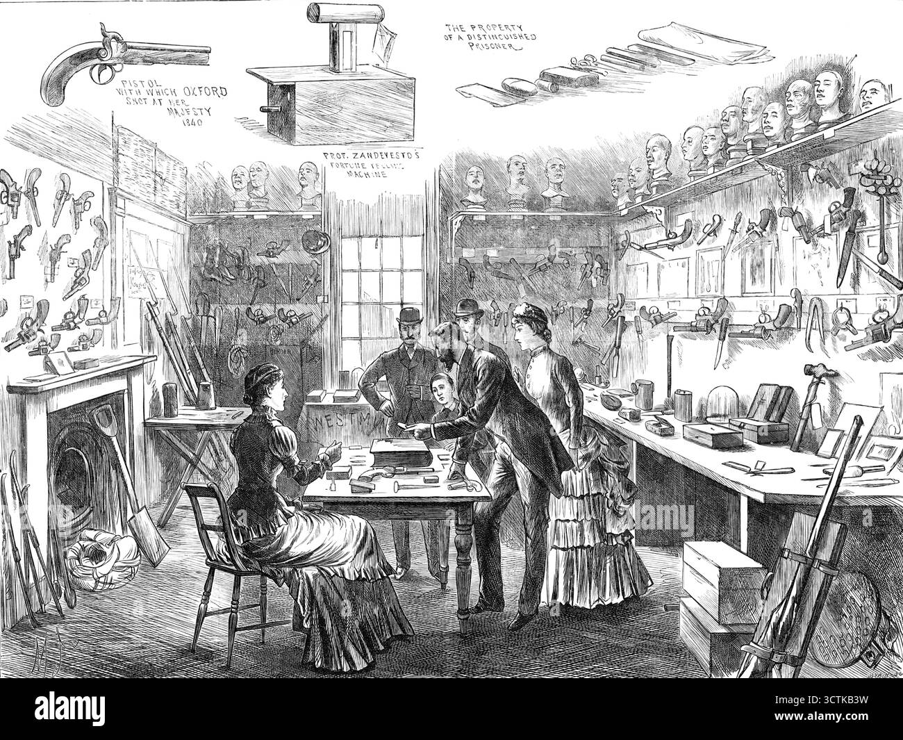 The Criminal Museum at the Convict Office, Metropolitan Police Department, Scotland-Yard, 1883. 'Pistola con cui Oxford sparò a sua Maestà, 1840; il Prof. Zandevestd's Fortune Telling Machine; The Property or a Distinguished Prisoner...un museo curioso, aperto solo a magistrati e altri impegnati nell'amministrazione del diritto penale...[qui ci sono] una raccolta squallida di armi storiche mortali, attrezzi per rompere la casa, manette, gesso delle teste dei criminali, e vari articoli che sono stati utilizzati per perpetrare il crimine. I revolver e altre pistole lo sono Foto Stock