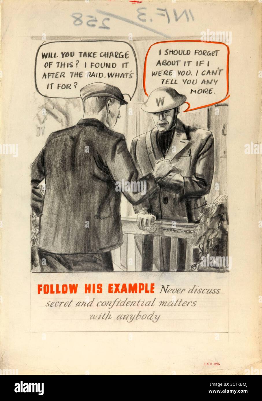 Segua il suo esempio. Non discutere mai di questioni segrete e riservate con nessuno, poster della seconda guerra mondiale, tra il 1939 e il 1946. Foto Stock