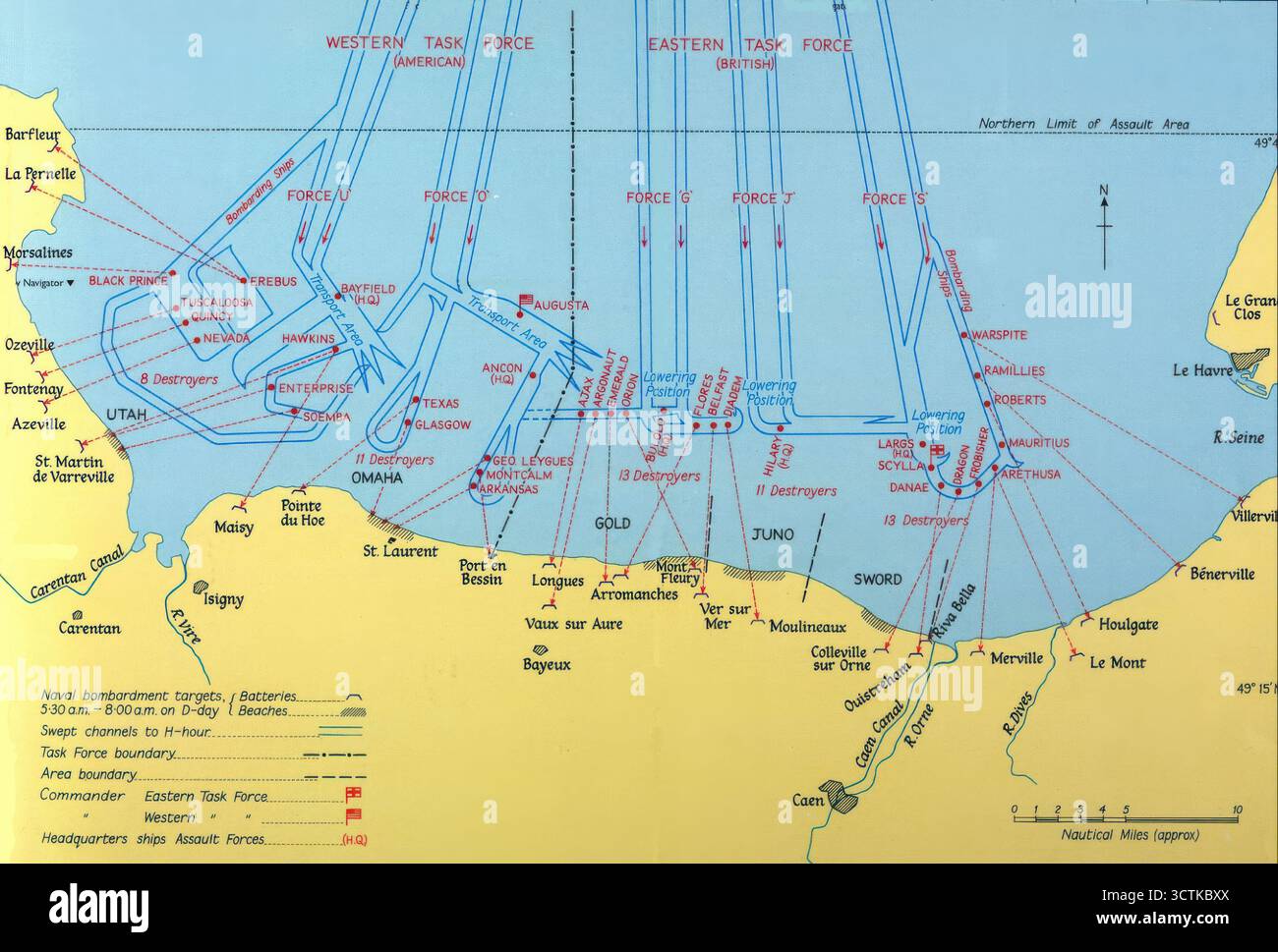 Bombardamenti navali nel D-Day, seconda guerra mondiale. Pubblicato da HMSO, 1962. Mostra i luoghi degli sbarchi alleati: Spiagge dello Utah, Omaha, Gold, Juno e Sword. Foto Stock