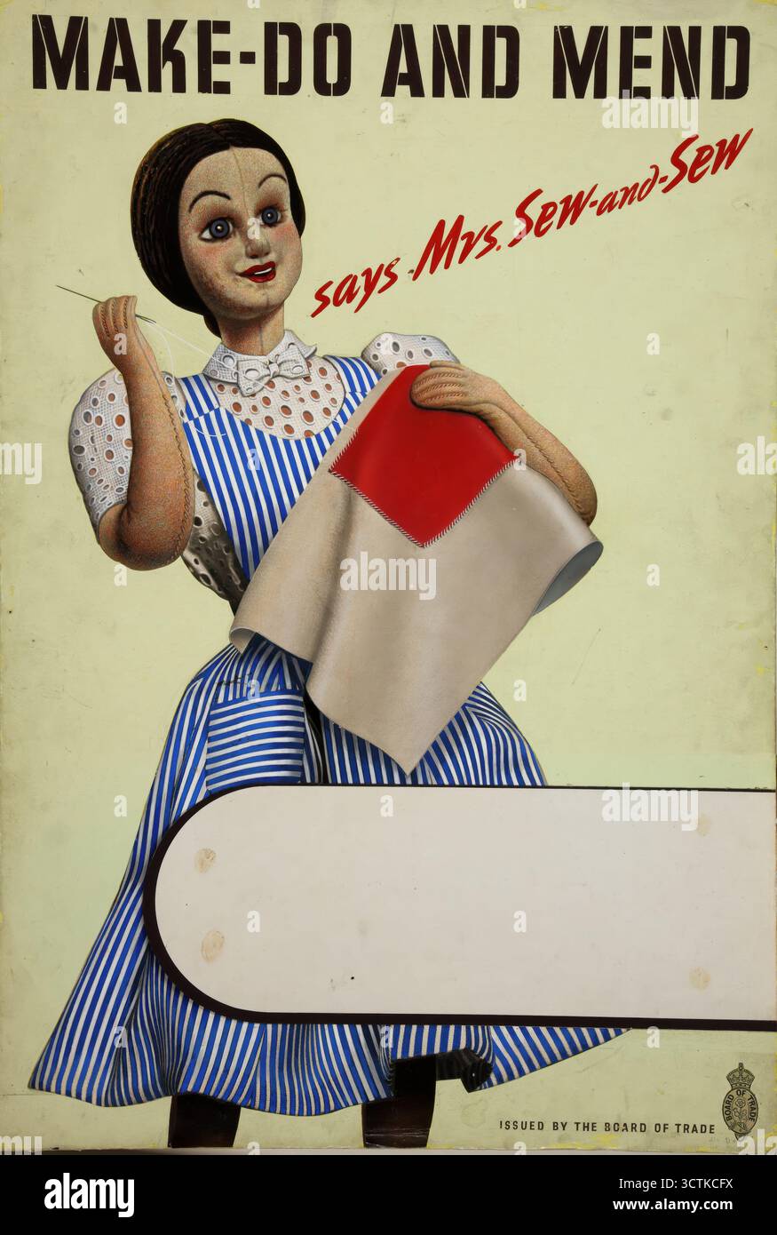 "Fare e riparare - dice la onorevole Sew-and-Sew”, poster della seconda guerra mondiale, c1939-c1945. Iniziativa governativa per incoraggiare le persone a curare e adattare i vecchi vestiti a causa della carenza di tempo di guerra. Foto Stock