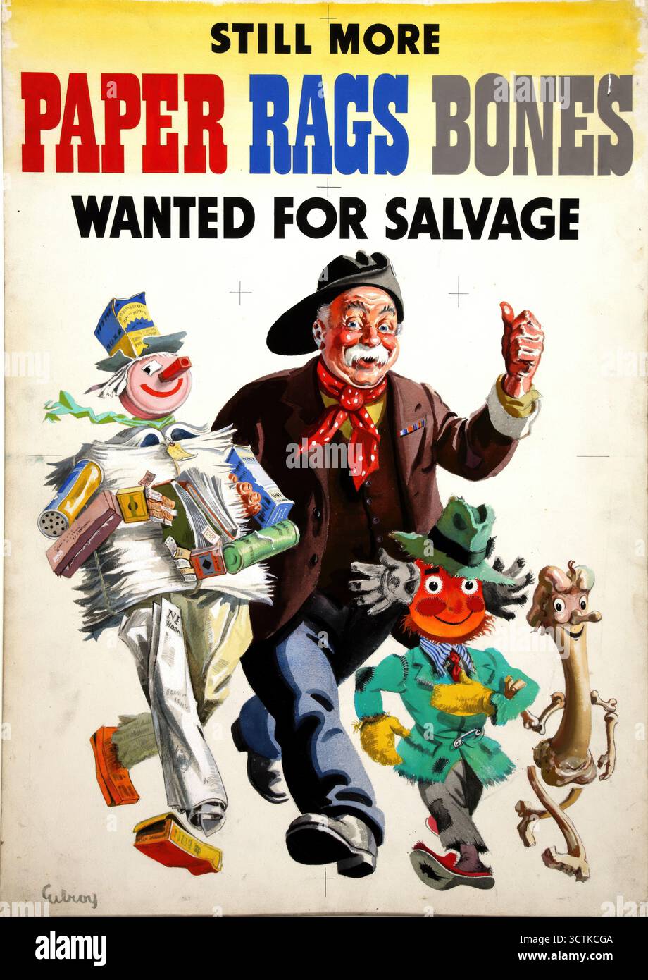 "Ancora più carta, Rags and Bones Wanted for Salvage", poster della seconda guerra mondiale, c1939-c1945. Foto Stock
