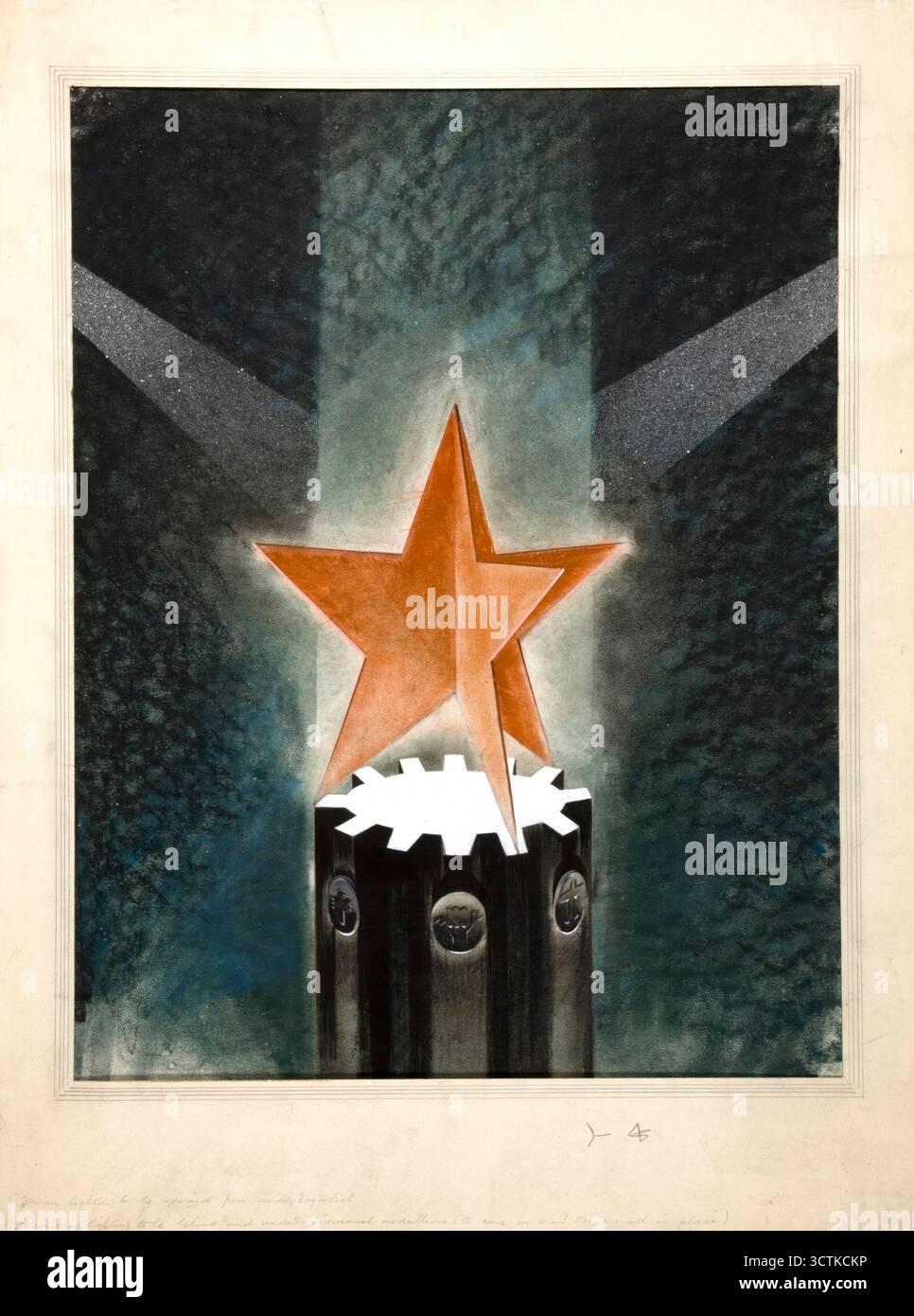 Ruota dentata con tre stelle e raggi di luce, tra 1940 e 1946. Foto Stock