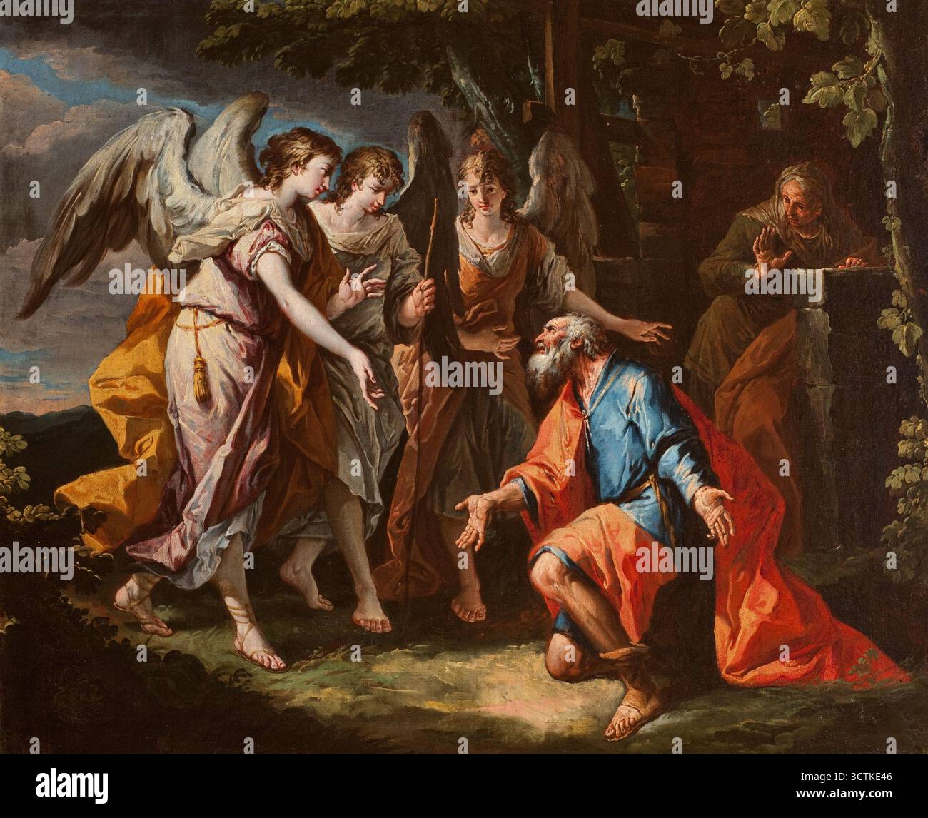 Abramo e gli Angeli, tra il 1735 e il 1740. Il dipinto raffigura la visita biblica di Abramo e Sara (Genesi 18:1-15). Sulla destra, Abramo si inginocchia davanti all'ingresso della casa, con le braccia tese. È raffigurato di profilo come un uomo anziano con capelli e barba grigi, vestito con una veste blu e un cappotto rosso. Dietro di lui c'è Sarah, la mano sinistra alzata. Viene mostrata con un vestito grigio, un cappotto arancione e un velo sulla testa. A sinistra, un gruppo di tre angeli alati è visibile, avvicinandosi ad Abramo. Le loro silhouette allungate riempiono la maggior parte del campo dell'immagine. Il Foto Stock