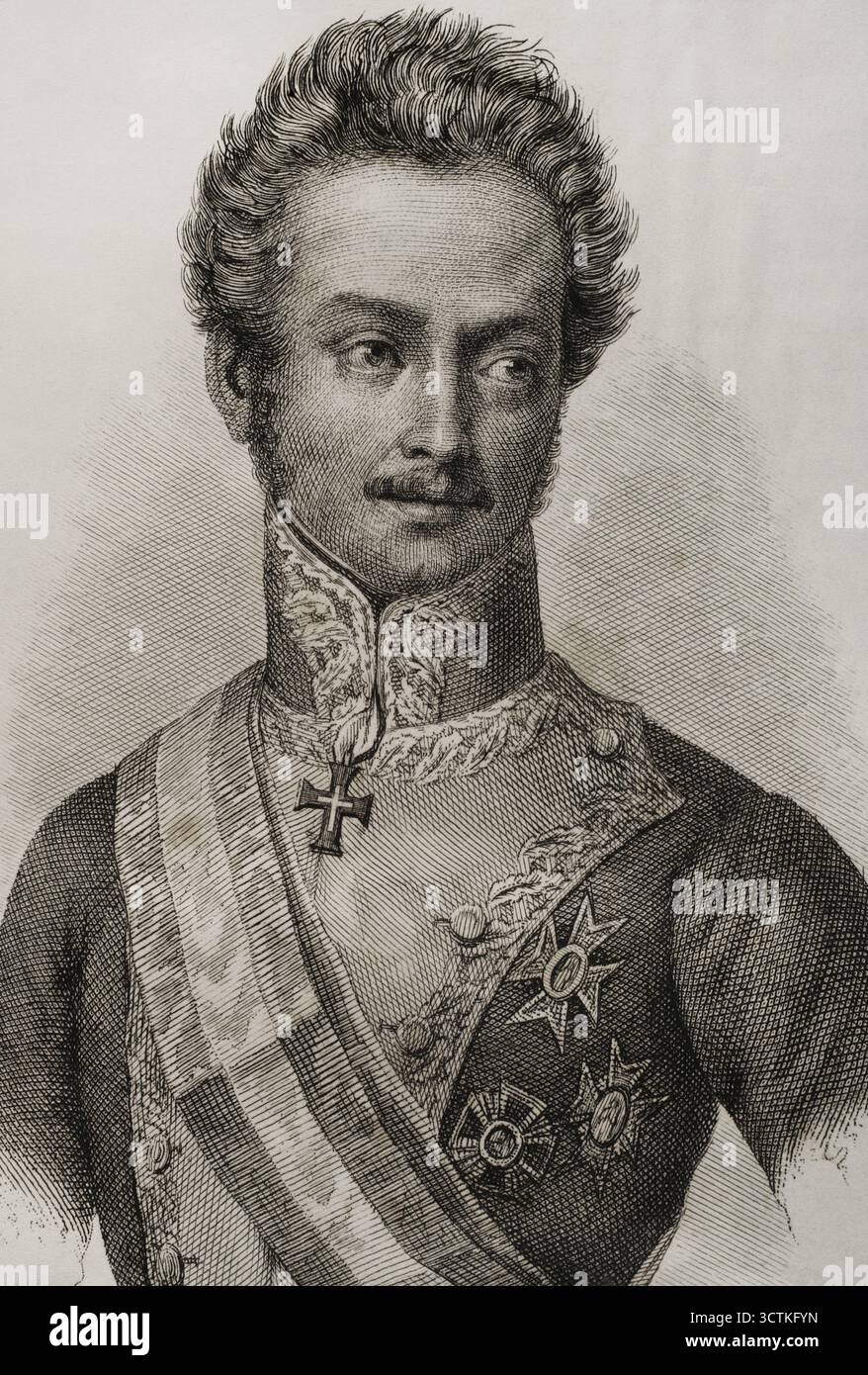 Ritratto di Luis Fernández de Córdoba y Valcárcel (1798-1840), tenente generale spagnolo, 1845. Di idee assolutiste, durante il regno di Ferdinando VII si sollevò contro il governo durante il Triennio Liberale, essendo uno dei promotori della fallita rivolta della Guardia reale a Madrid il 7 luglio 1822, che lo costrinse ad andare in esilio in Francia. Da "Panorama Español, CRónica Contemporánea", Vol III, Madrid, 1845. Foto Stock