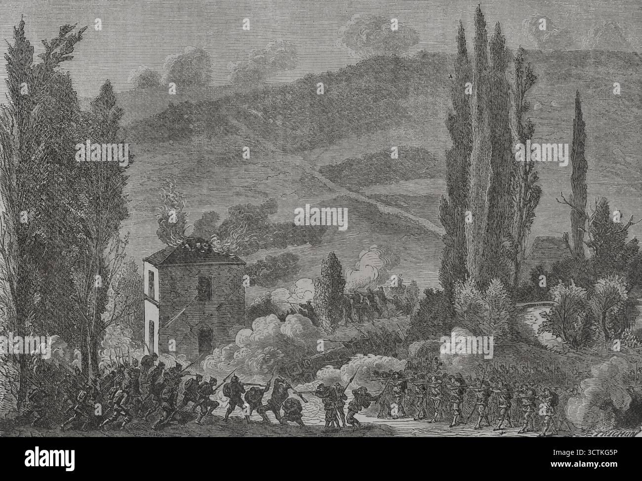 Guerra franco-prussiana (1870-1871): Battaglia di CHâtillon, settembre-ottobre 1870 (1871). Da "Historia de la Guerra de Francia y Prusia" (storia della guerra tra Francia e Prussia), volume II, pubblicato a Barcellona, 1871. Foto Stock