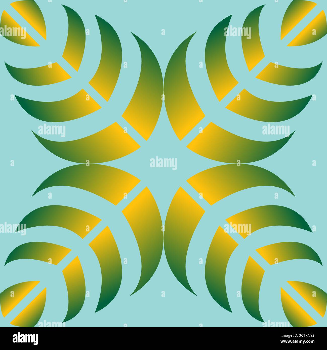 Questo motivo vettoriale senza cuciture presenta fronde astratte di foglie o felci in giallo dorato con sfumature verdi, che formano un'esplosione simmetrica di stelle su una luce Illustrazione Vettoriale