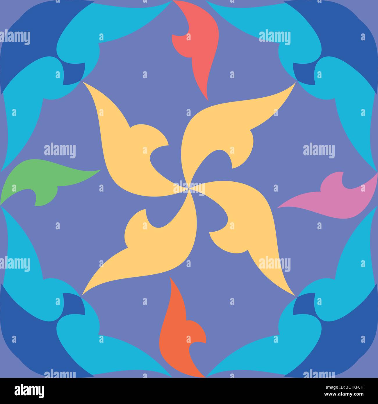 Questo motivo vettoriale presenta un vivace mandala con petali gialli che ricordano fiamme o uccelli, accentuati in rosso, arancione, verde, rosa, blu, an Illustrazione Vettoriale