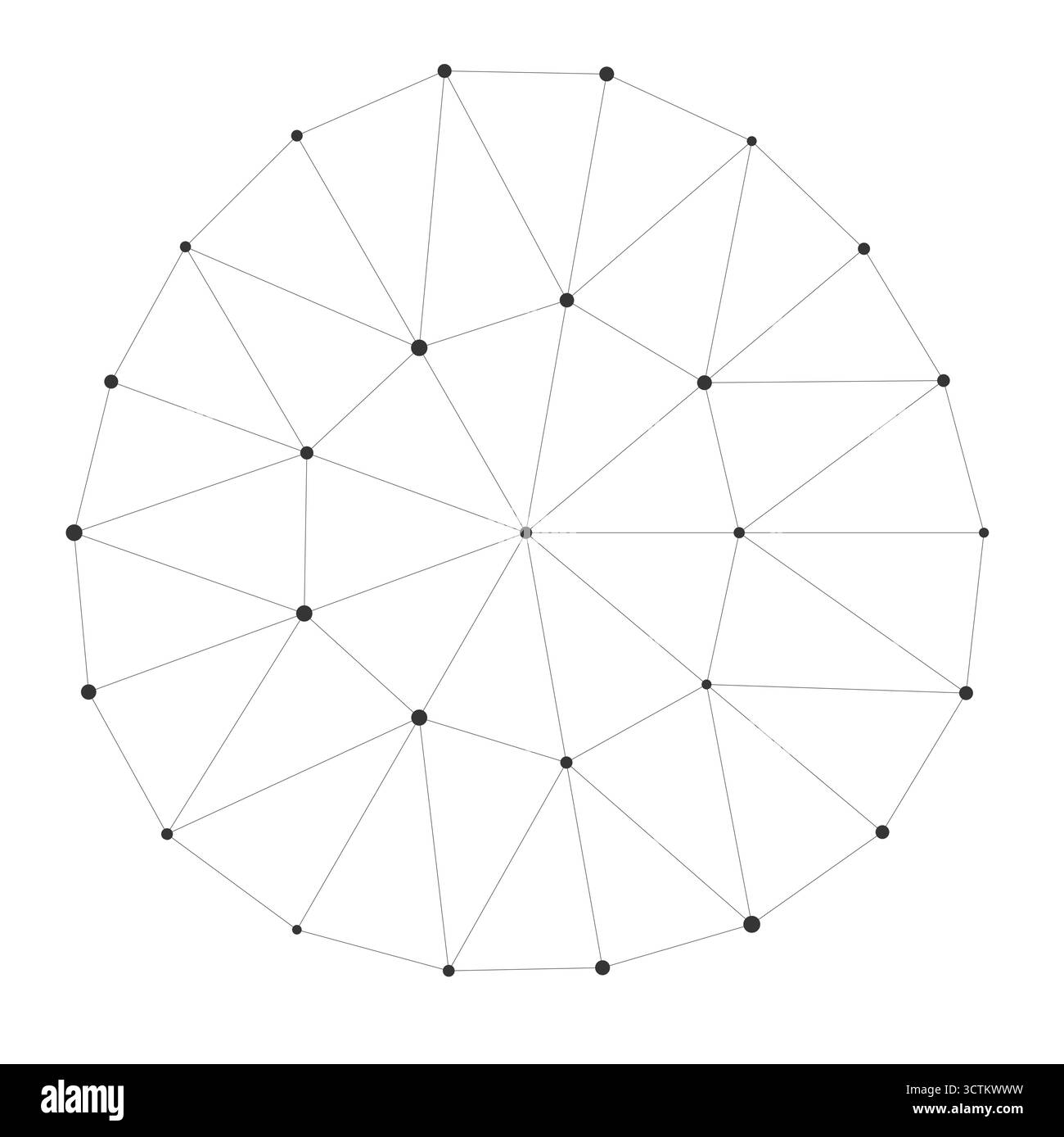 Cerchio geometrico astratto formato da linee intersecanti e punti neri più grandi, ideale per concetti scientifici, tecnologici o di rete su sfondo bianco Illustrazione Vettoriale