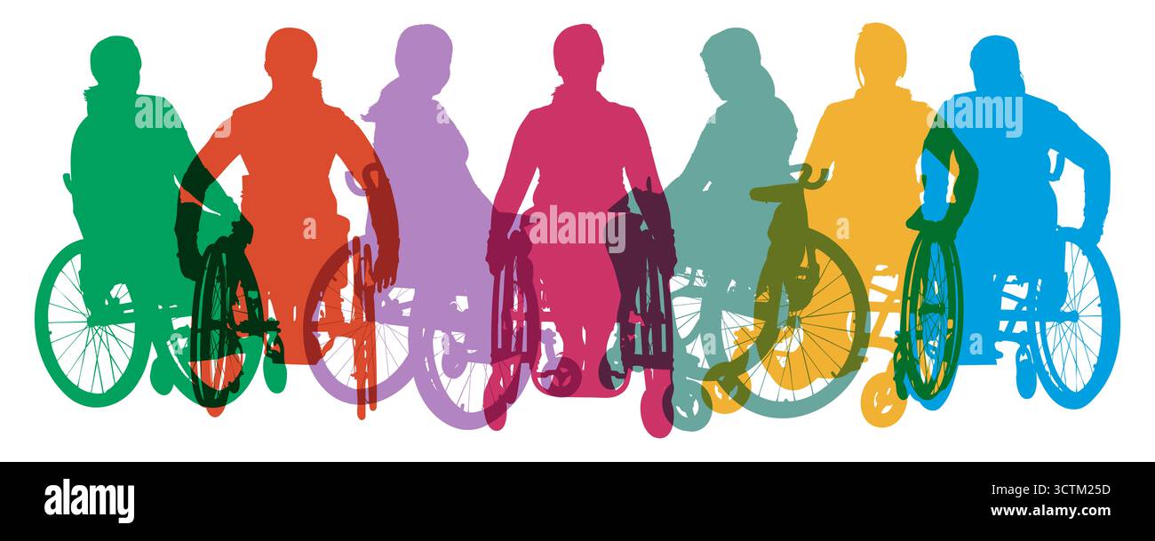 Colorato collage di silhouette monocromatiche di una giovane donna d'affari in sedia a rotelle al lavoro Foto Stock