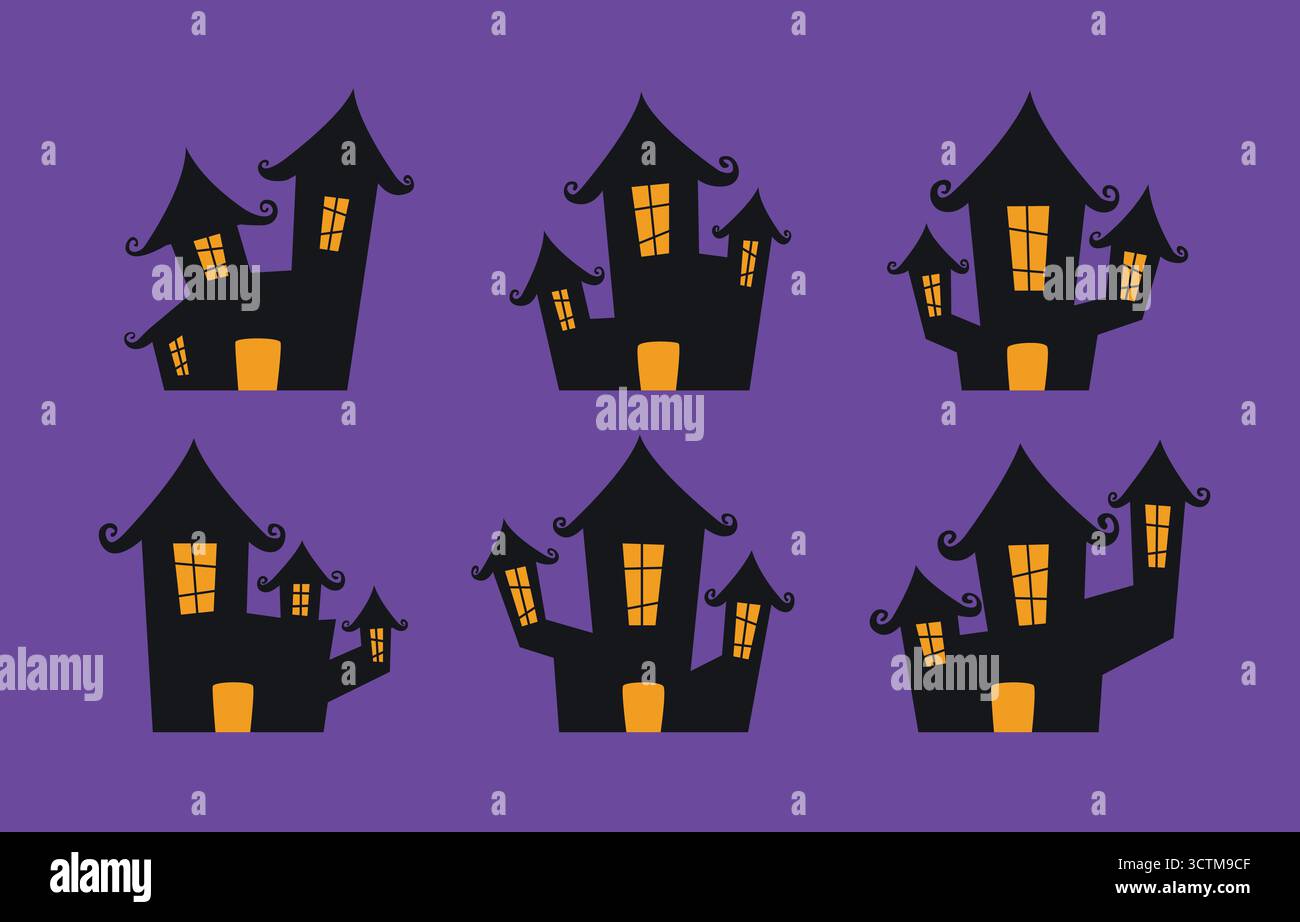 Stravagante illustrazione vettoriale di Halloween con sei case stregate stilizzate con architettura esagerata su sfondo viola. Illustrazione Vettoriale