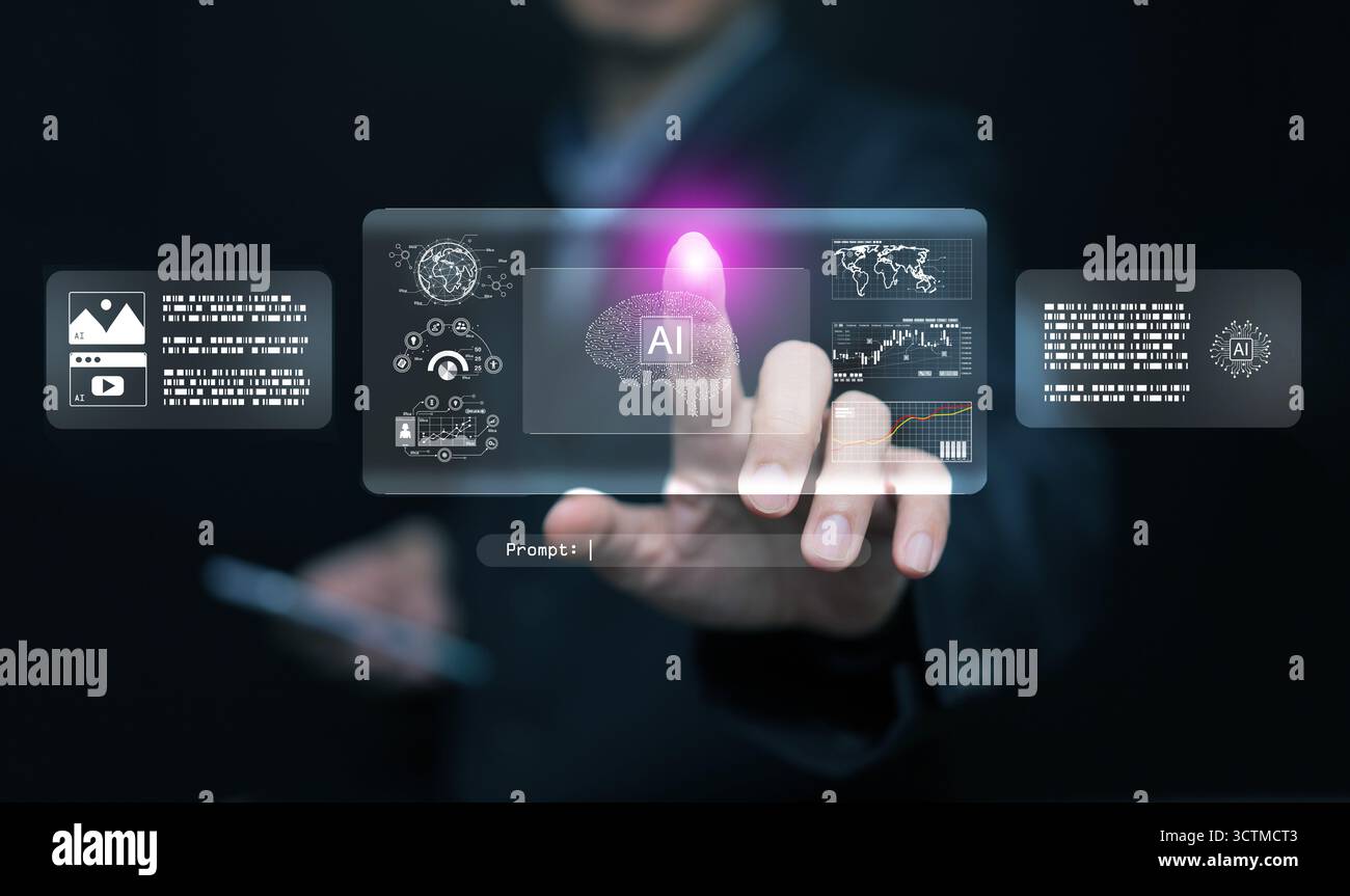 Interfaccia agente AI con touch screen interattivo e dashboard dati olografici. Assistente virtuale, tecnologia di automazione e flusso di lavoro intelligente per Foto Stock