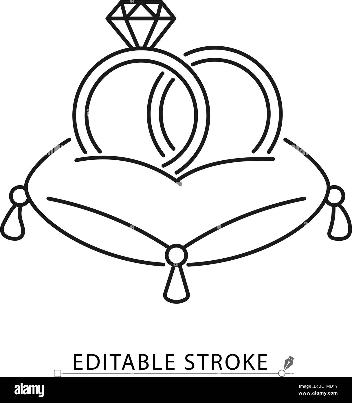 Due fedi nuziali su un cuscino con un'icona minimalista e un tratto modificabile. Cerimonia di matrimonio, gioielli di fidanzamento, simbolo della sposa e dello sposo Illustrazione Vettoriale