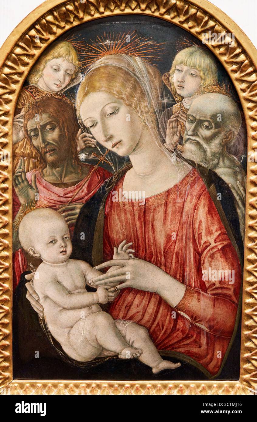 Madonna con il bambino e gli angeli e Giovanni Battista e San Girolamo, 1460-1470, Matteo di Giovanni, Galleria degli Uffizi, Galeria degli Uffizi, Firenze, Firenze, Toscana, Italia. Foto Stock