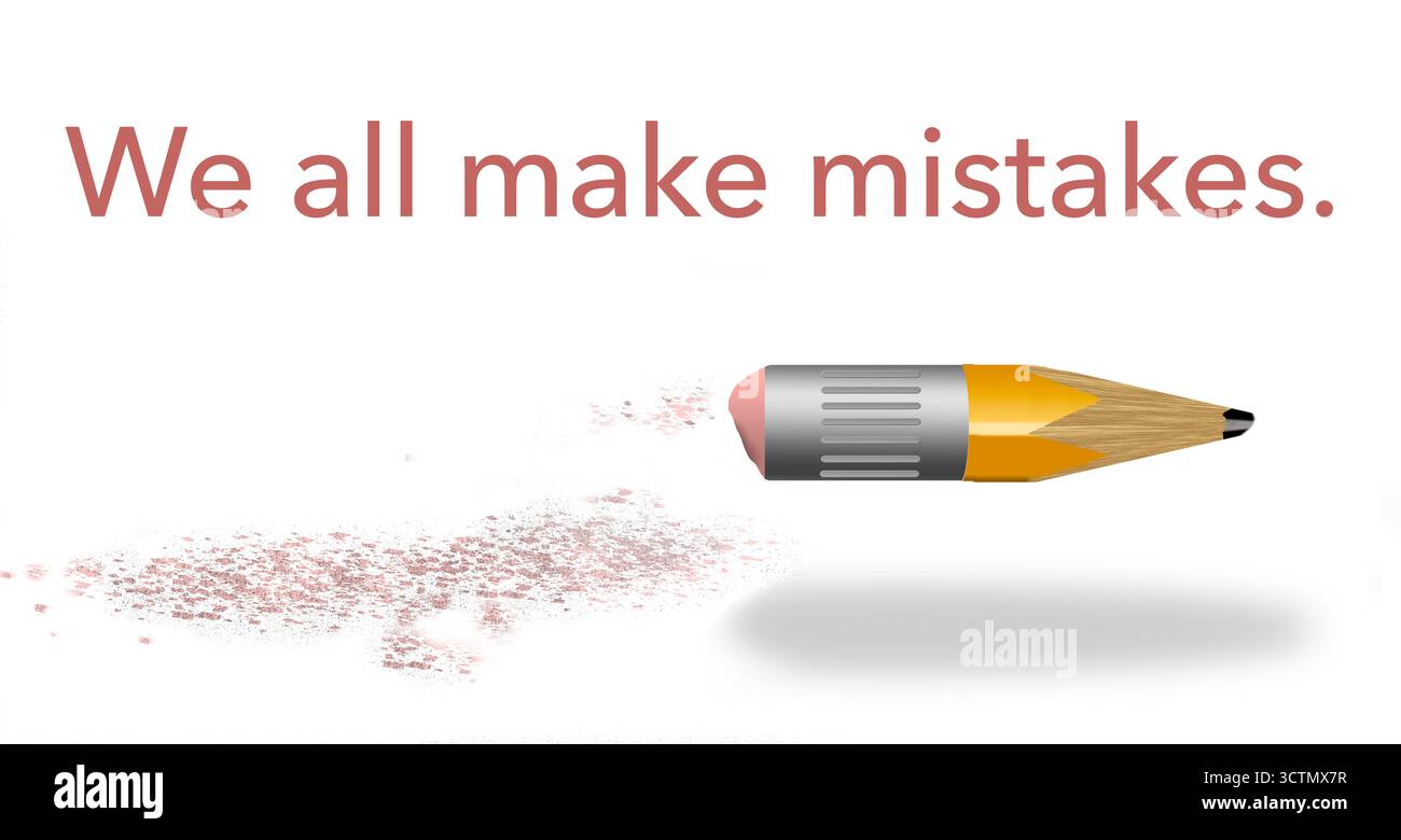 Una vecchia matita con una gomma molto usurata viene vista con la polvere di gomma e qualche parola su come facciamo tutti gli errori. Questa è una figura in 3D. Foto Stock