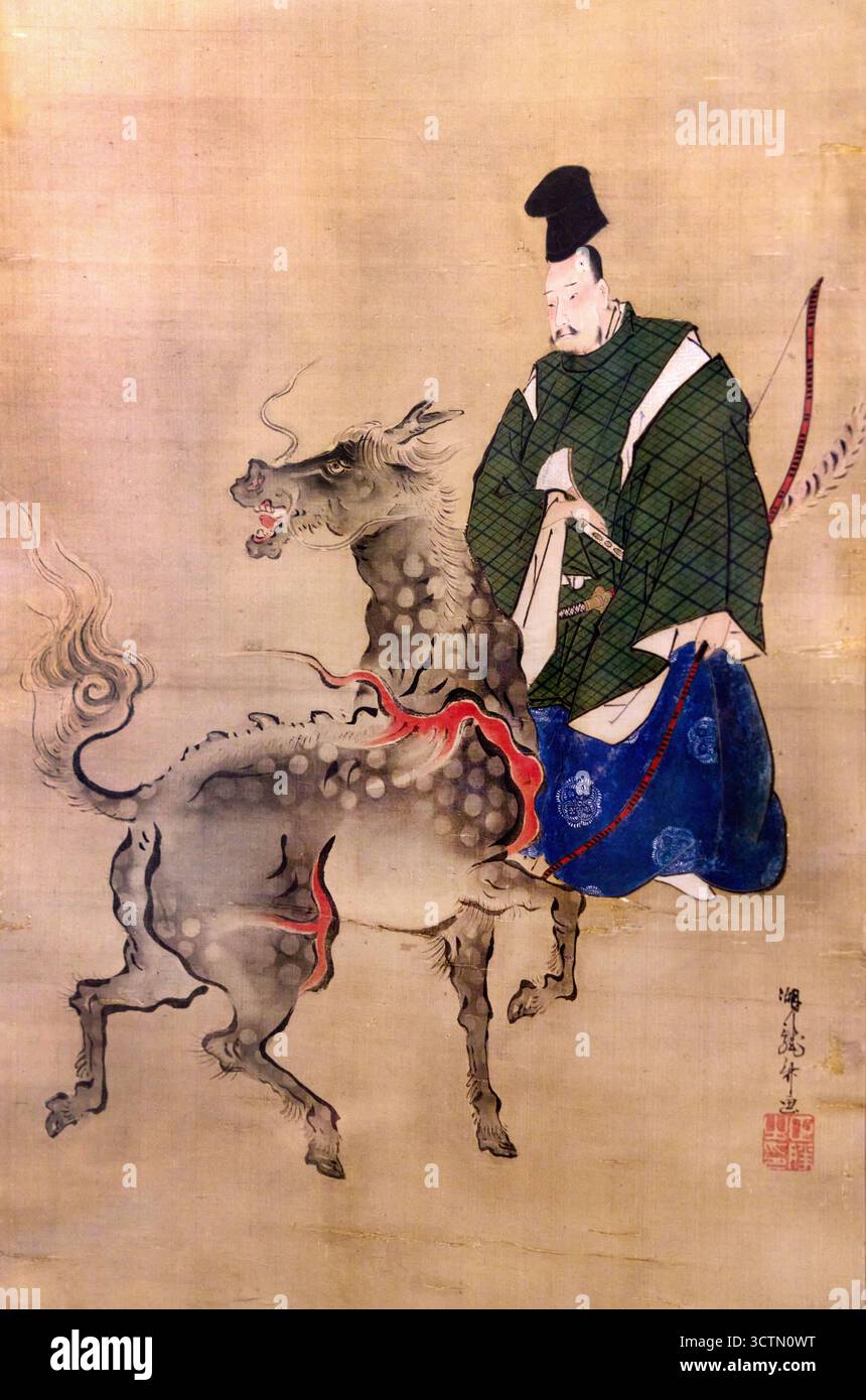 Isoda Koryusai (documentato dal 1764 al 1788), nobile e animale mitologico, inchiostro e pittura sulla seta, Museo d'Arte Orientale, Museo Ca' Pesaro, Venezia, Veneto, Italia. Foto Stock