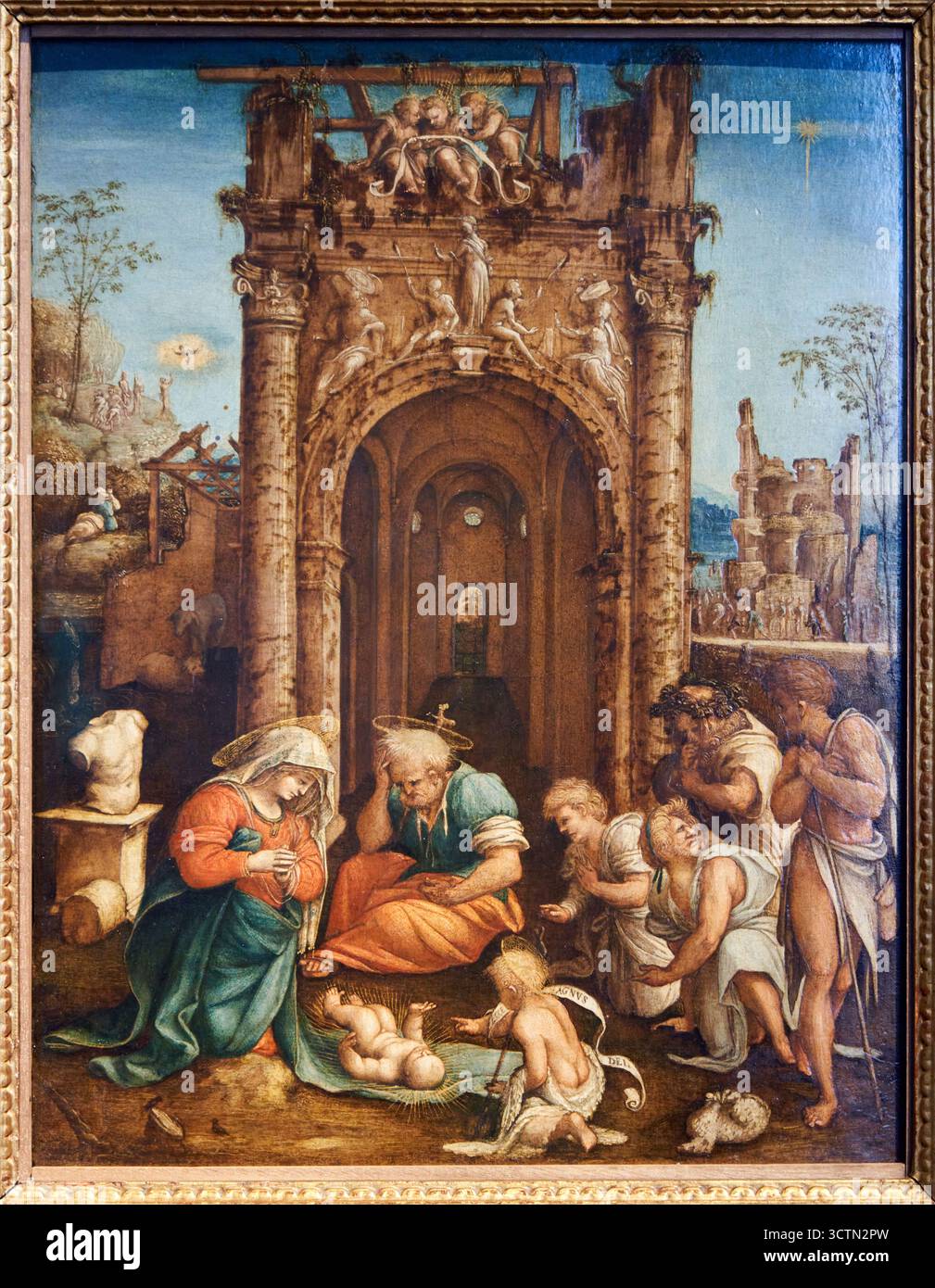 Adorazione dei Pastori, 1520-1530, olio su tavola, AMICO ASPERTINI, Galleria degli Uffizi, Galleria degli Uffizi, Firenze, Firenze, Toscana, Italia. Foto Stock