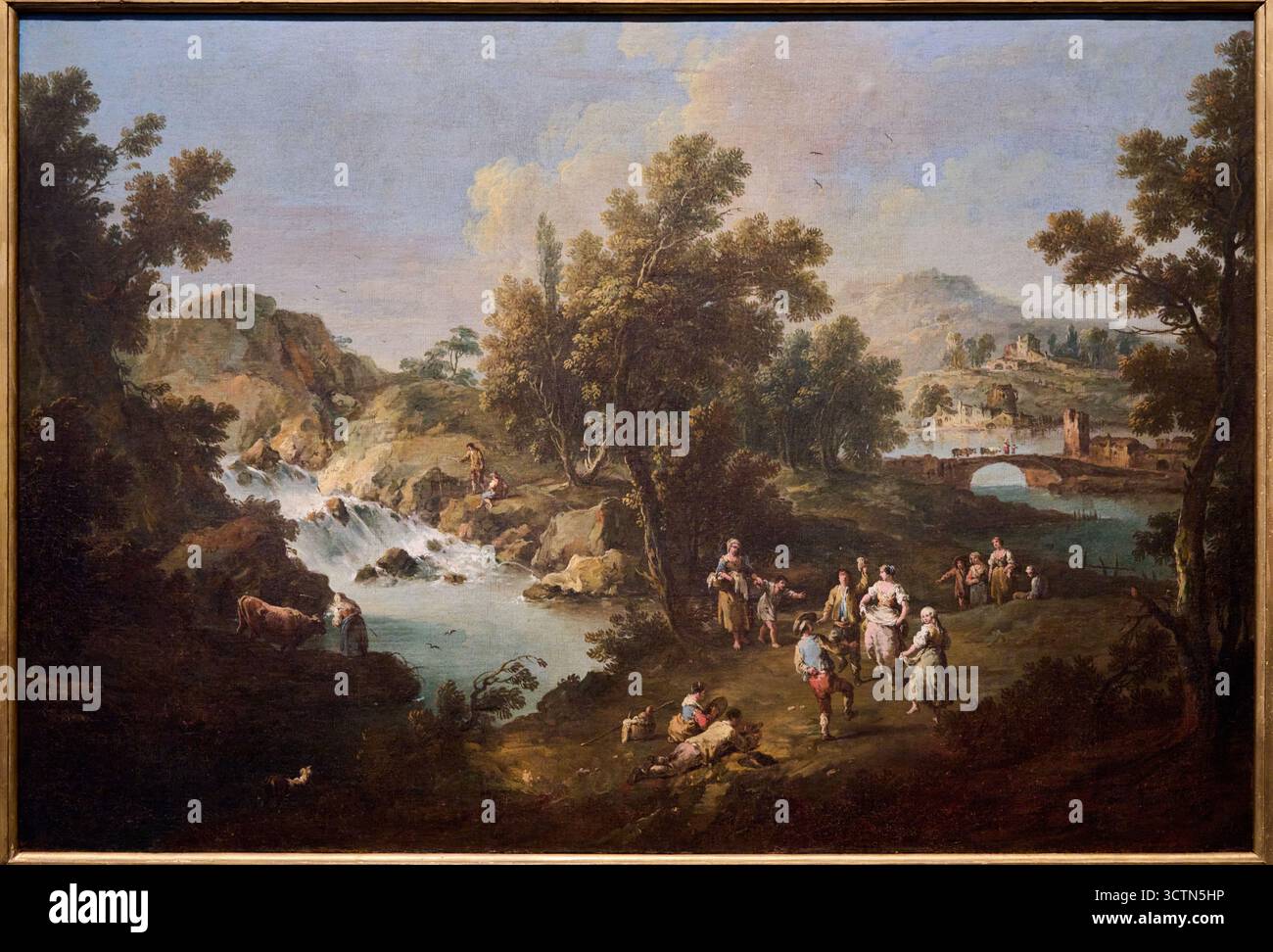 GIUSEPPE ZAIS (Canale d'Agordo, Belluno, 1709 - Treviso, 1781), paesaggio con torrente e villici che danzano, paesaggio con ruscello e danza contadina, 1730, gallerie dell'Accademia, Galleria dell'Accademia, campo della Carita, Dorsoduro, Venezia, Venezia, Veneto, Italia. Foto Stock