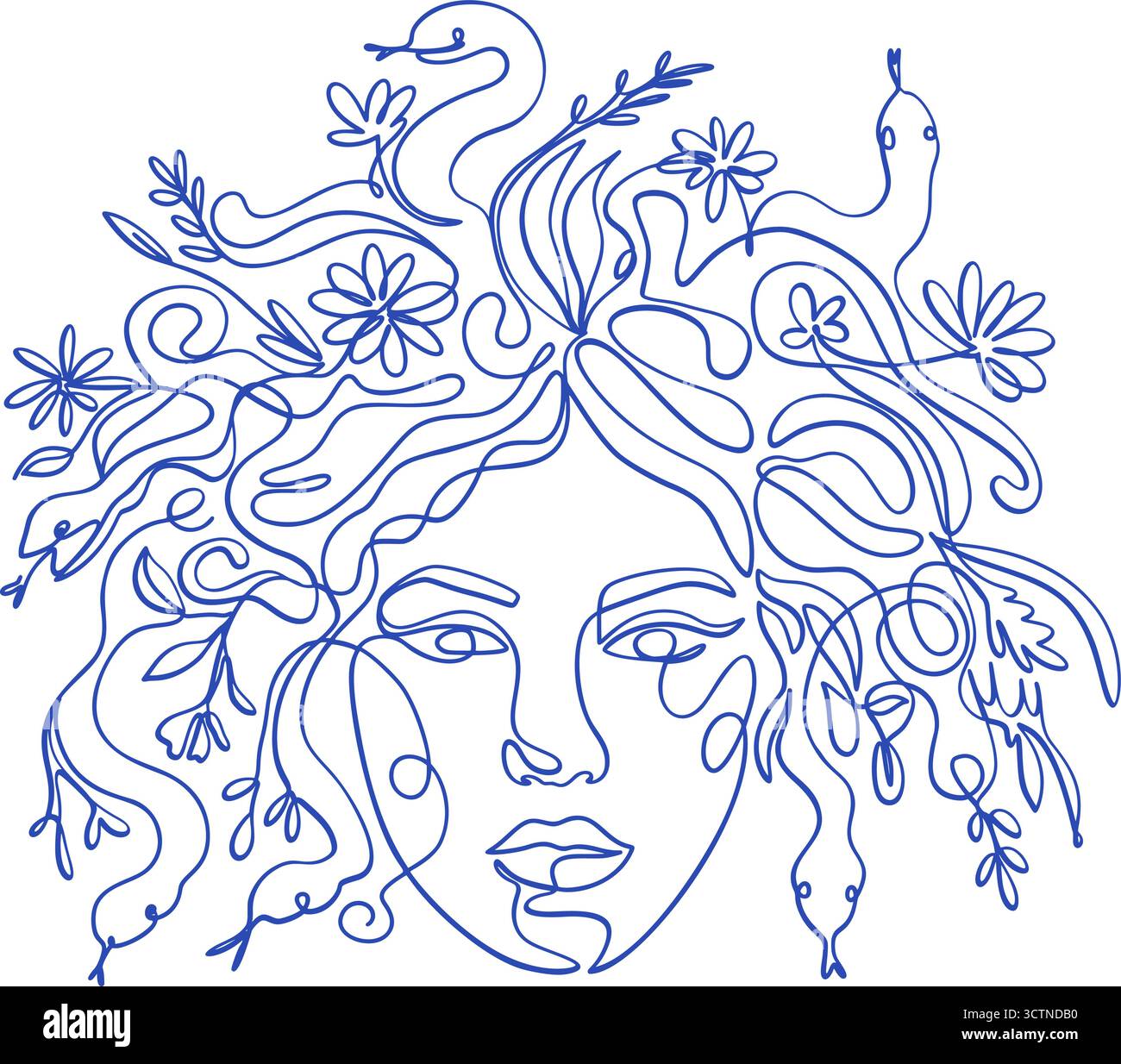 Mitologia greca Medusa Gorgon Line Art Dea dell'Antico Dio delinea una linea moderna minimalista vettore estetico Illustrazione Vettoriale