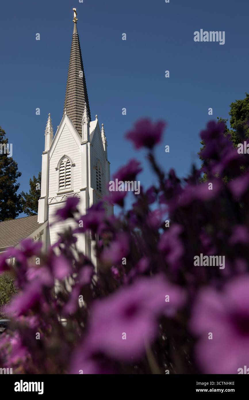 La luce del giorno risplende sulla lussureggiante vegetazione e sulla storica chiesa nella città di Atherton, California, Stati Uniti. Foto Stock