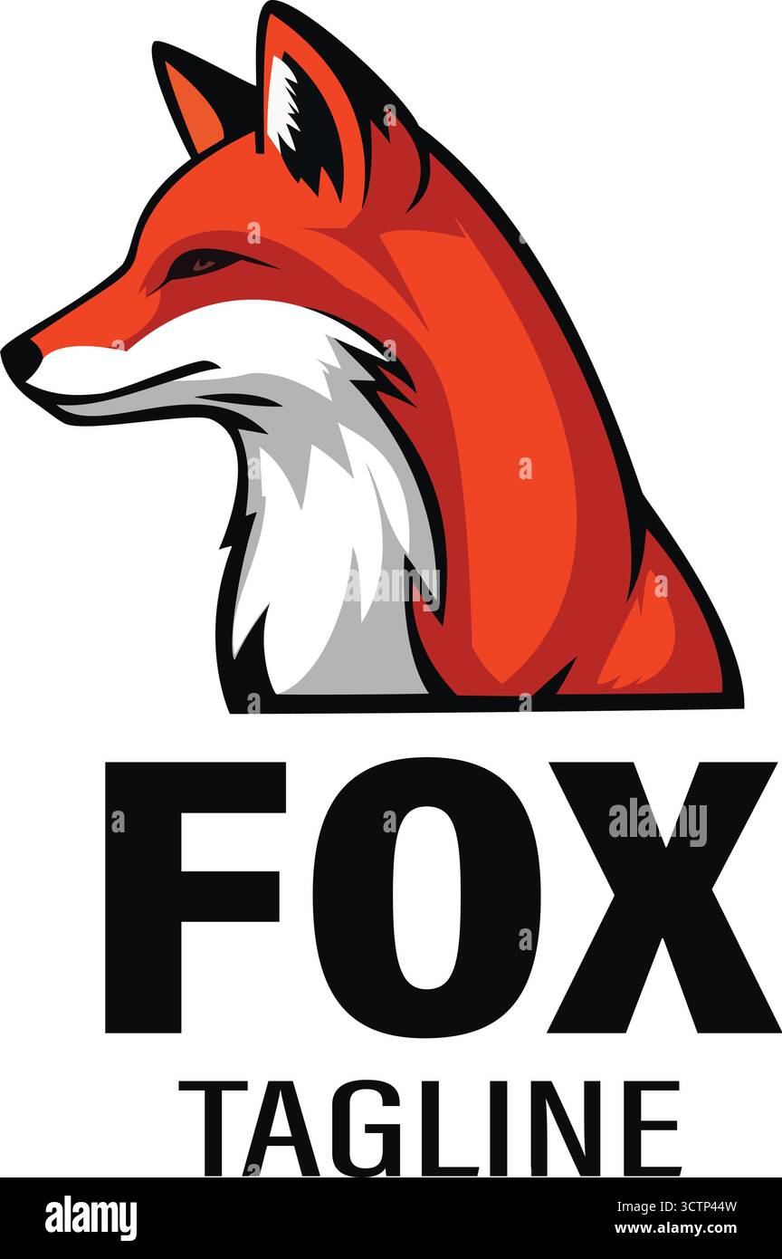 Potente logo Fox head con pelliccia rossa e bianca per giochi, eSport, branding e business Illustrazione Vettoriale