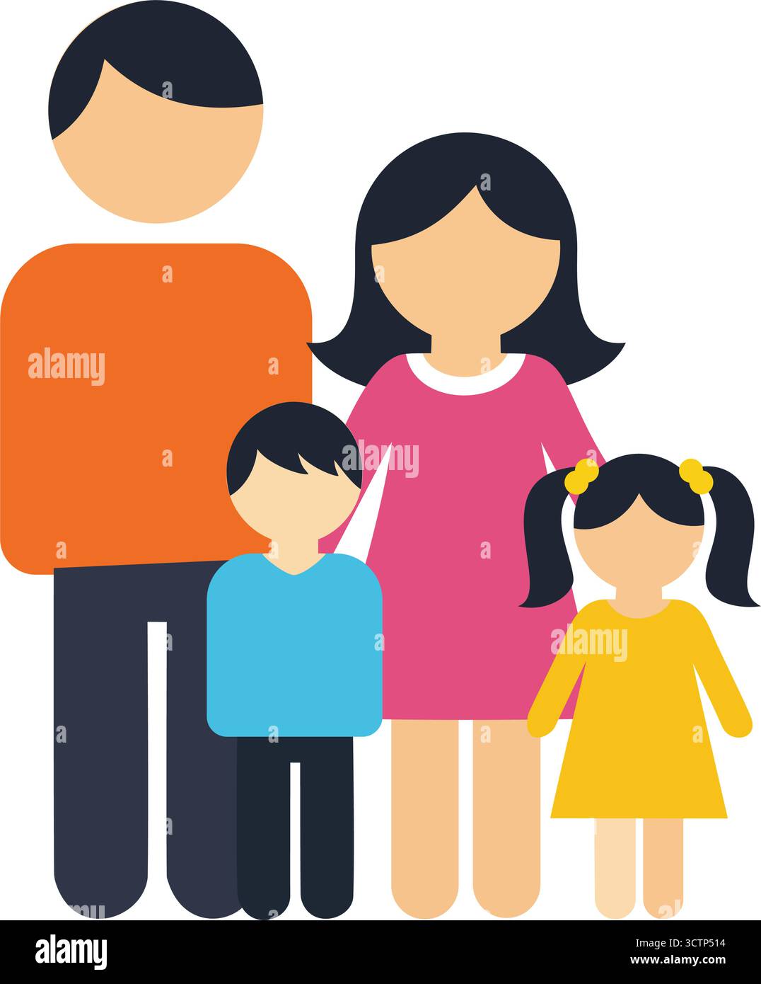 Family Avatar, Un'icona vettoriale che raffigura una famiglia di quattro persone, tra cui padre, madre, figlio e figlia, in piedi insieme Illustrazione Vettoriale