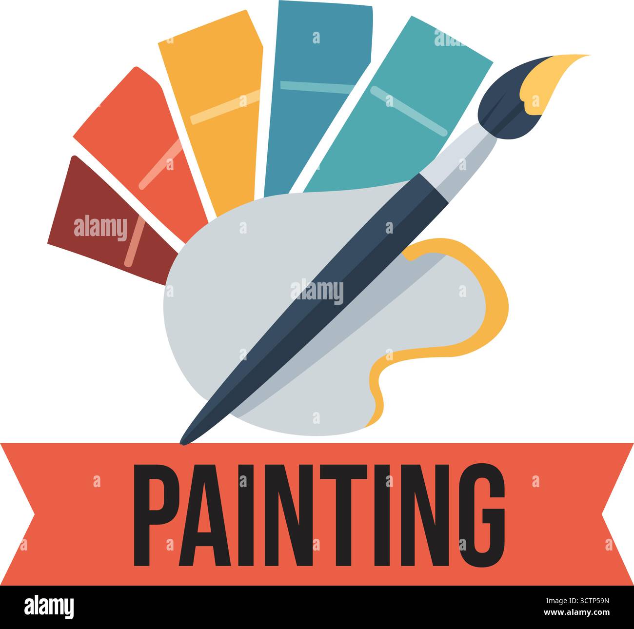 Un'icona di pittura creativa con una tavolozza, un pennello, campioni di colore e un banner di pittura. Illustrazione Vettoriale