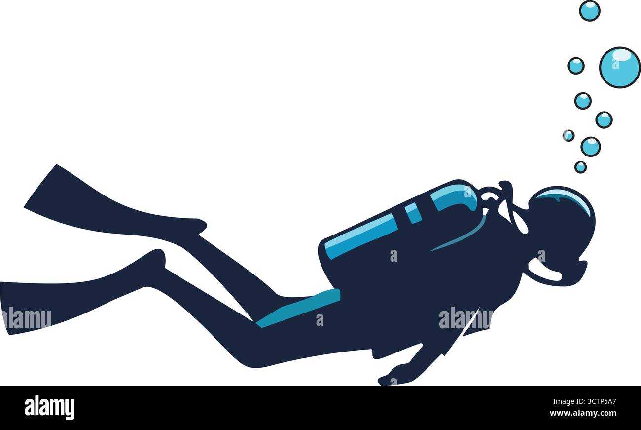 Profilo subacqueo con bolle d'aria, perfetto per illustrare le immersioni subacquee, l'esplorazione dell'oceano e l'avventura acquatica Illustrazione Vettoriale