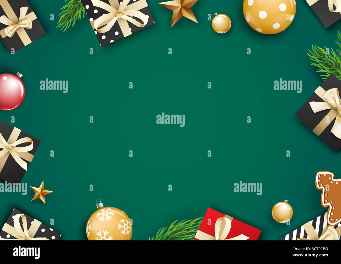 Sfondo della cornice regalo di natale con biglietto d'auguri di lusso verde e oro. Illustrazione Vettoriale