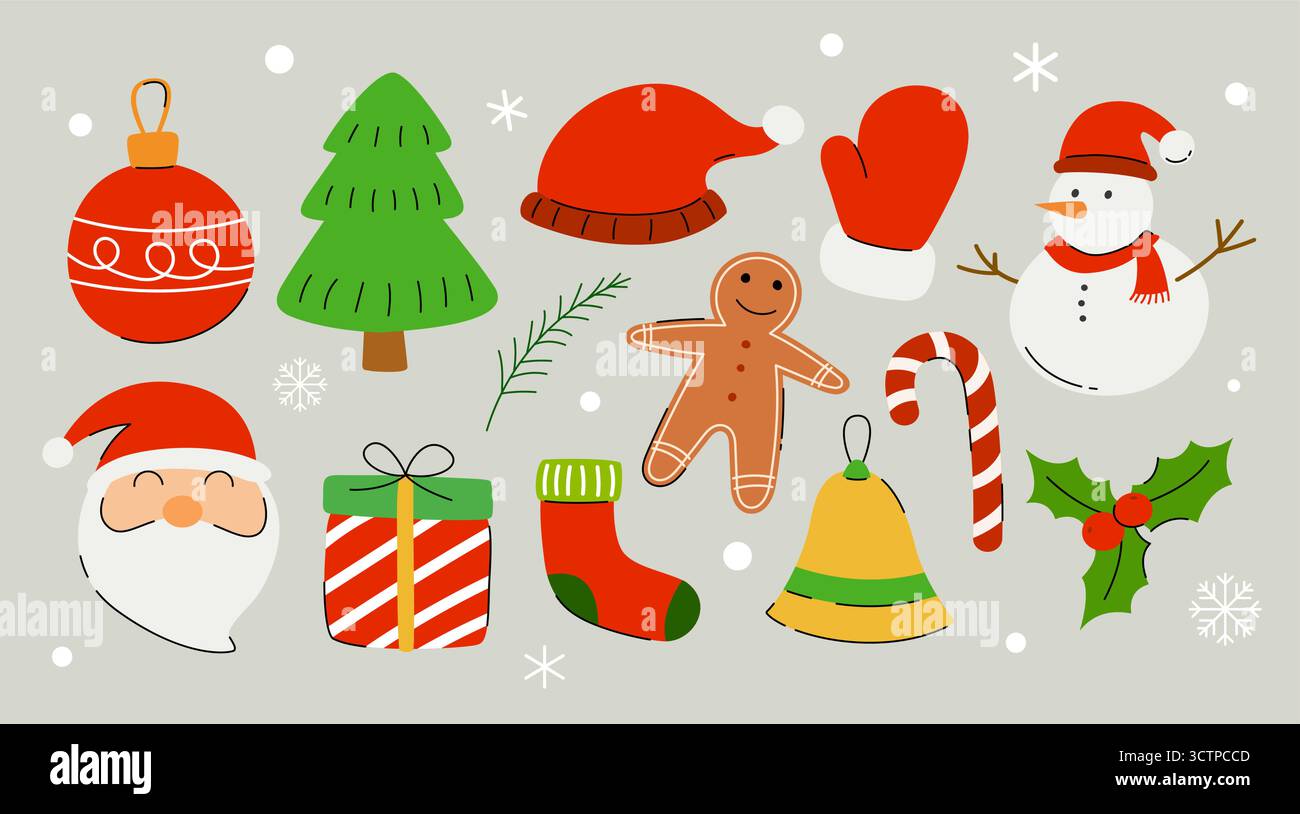 Sfondo natalizio con regali e decorazioni icone delle festività natalizie. Illustrazione Vettoriale