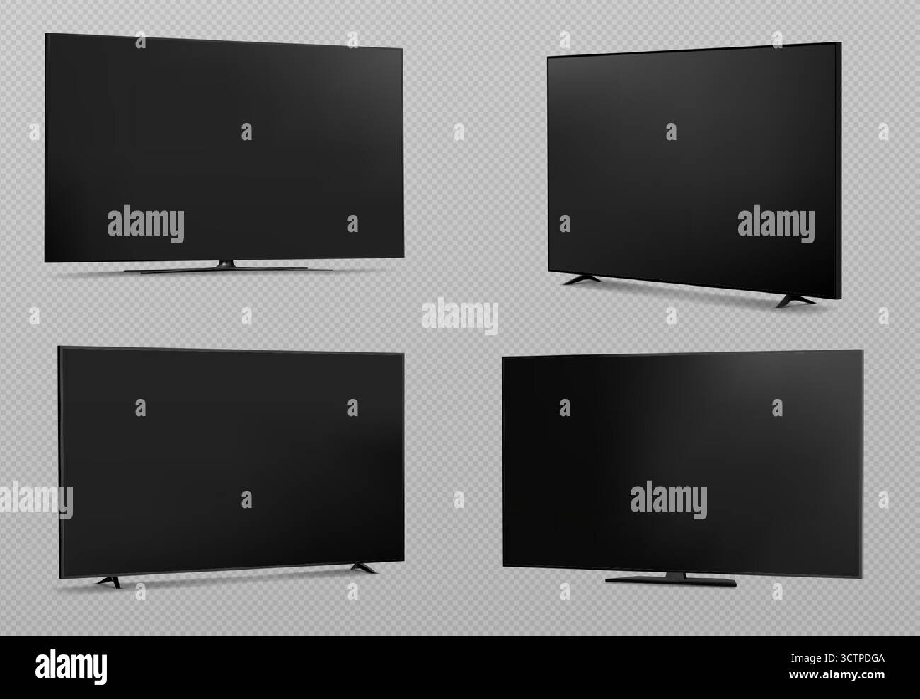 Set di mockup tv a schermo scuro con schermi neri e diversi design di piedistallo - monitor a schermo piatto da più angolazioni di visualizzazione. Modelli televisivi per progetti di presentazione mediatica. Disposizione dei dispositivi elettronici Illustrazione Vettoriale