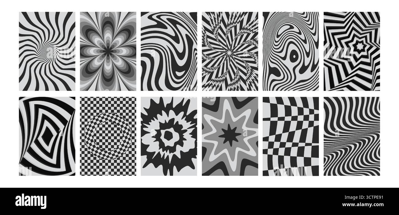 Ipnotici motivi d'arte retrò con disegni geometrici in bianco e nero per gli sfondi. Illusioni ottiche psichedeliche con vortici e scacchiera, onde e forme a stella. Poster astratti vintage Illustrazione Vettoriale