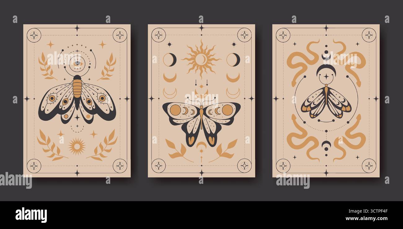 Disegni di boho mistico con farfalle, serpenti ed elementi celesti per un'opera d'arte decorativa spirituale. Carta mistica beige con fasi lunari, sole e falena. Illustrazioni tarocchi per il branding del benessere Illustrazione Vettoriale Disegni di boho mistico con farfalle, serpenti ed elementi celesti per un'opera d'arte decorativa spirituale. Carta mistica beige con fasi lunari, sole e falena. Illustrazioni tarocchi per il branding del benessere Illustrazione Vettoriale