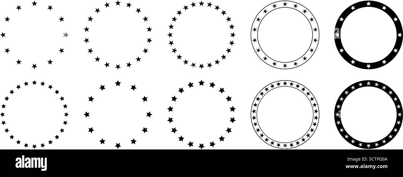 Set di cornici cerchio a stella. Bordo arrotondato a forma di stella. Emblema europeo. Badge geometrico circolare. Illustrazione vettoriale isolata su sfondo bianco Illustrazione Vettoriale