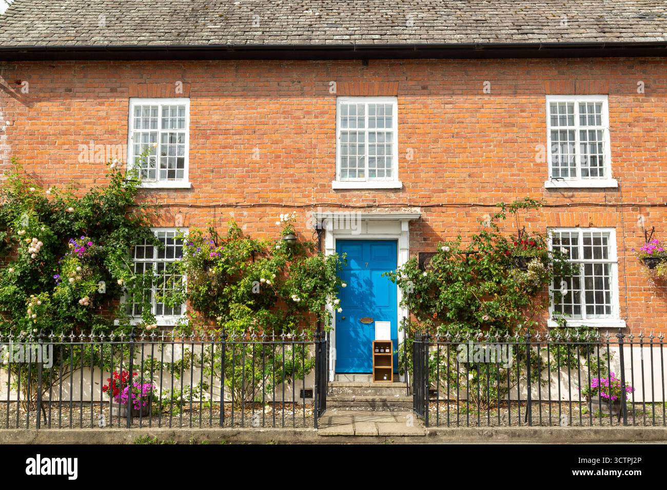 Vecchio edificio in mattoni rossi con rose che crescono sul fronte del Bishop's Castle, Shropshire, Inghilterra Foto Stock