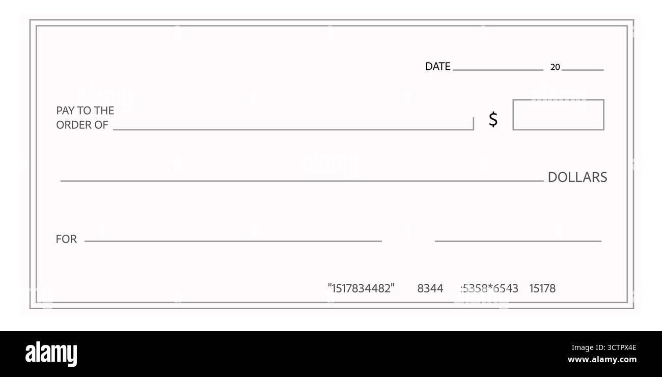 Assegno bancario, modello di assegno in bianco del registro degli assegni, campi vuoti, griglie da compilare, carta da regalo, pagamento. . Illustrazione vettoriale Illustrazione Vettoriale