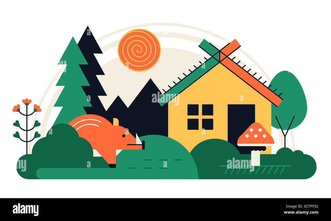 Casa nel bosco - illustrazione in stile piatto Illustrazione Vettoriale