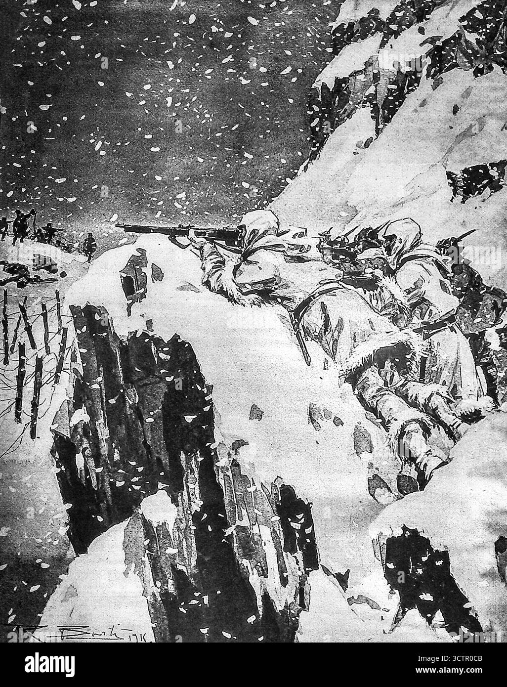 Illustrazione tratta da le Miroir, 30 gennaio 1916, che mostra i soldati italiani in un posto di ascolto sul fronte dell'Isonzo durante la prima guerra mondiale. Disegnata da R. BERTL, l'immagine raffigura le truppe in neve pesante, mimetizzate con abiti bianchi, che sopportano il freddo estremo mentre guardano. Il fronte dell'Isonzo fu uno dei teatri montani più duri della guerra, dove le forze italiane e austro-ungariche combatterono ripetute battaglie in condizioni alpine gelide. Foto Stock