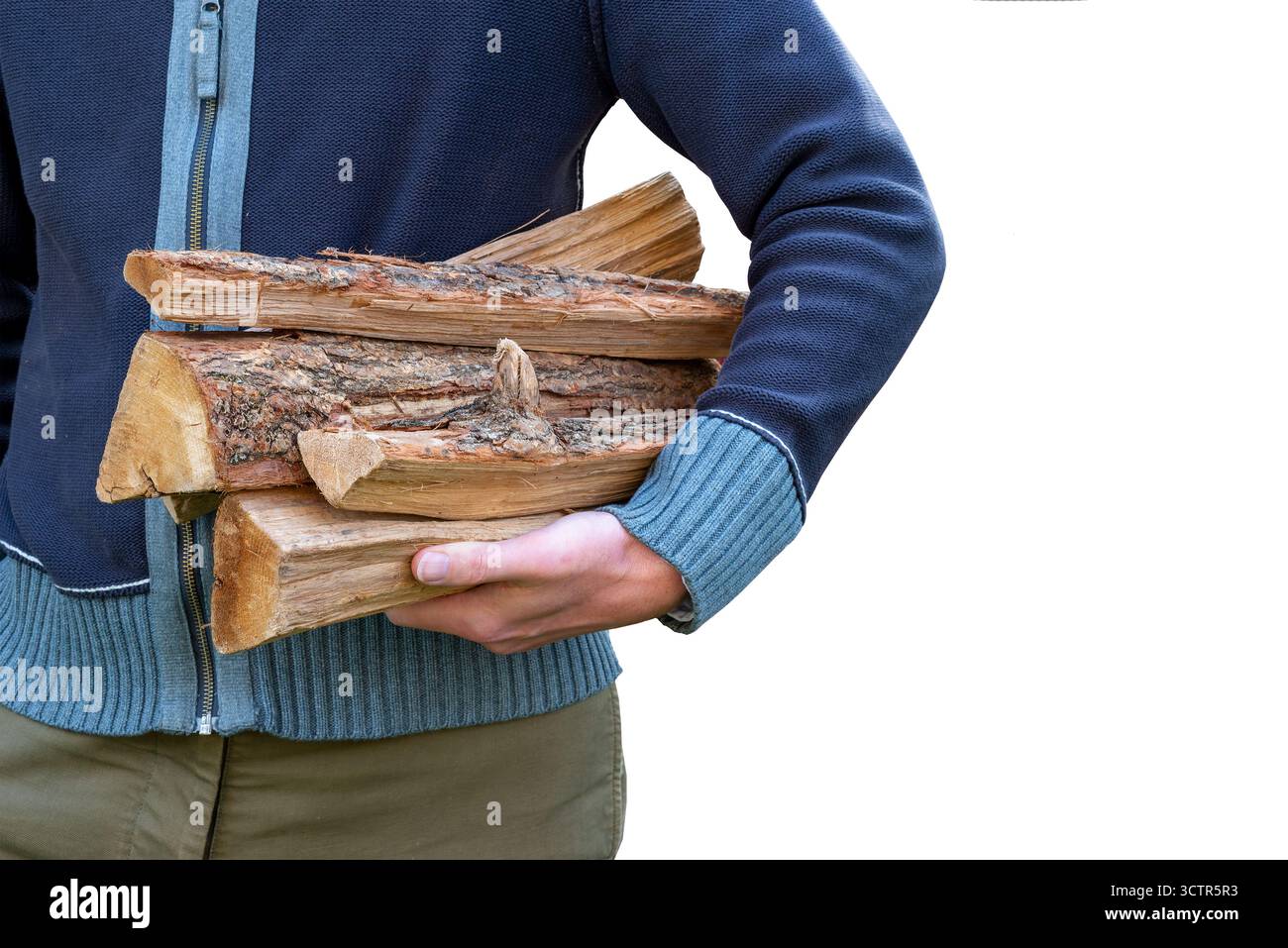 Uomo che trasporta legna da ardere in autunno isolato su sfondo bianco Foto Stock