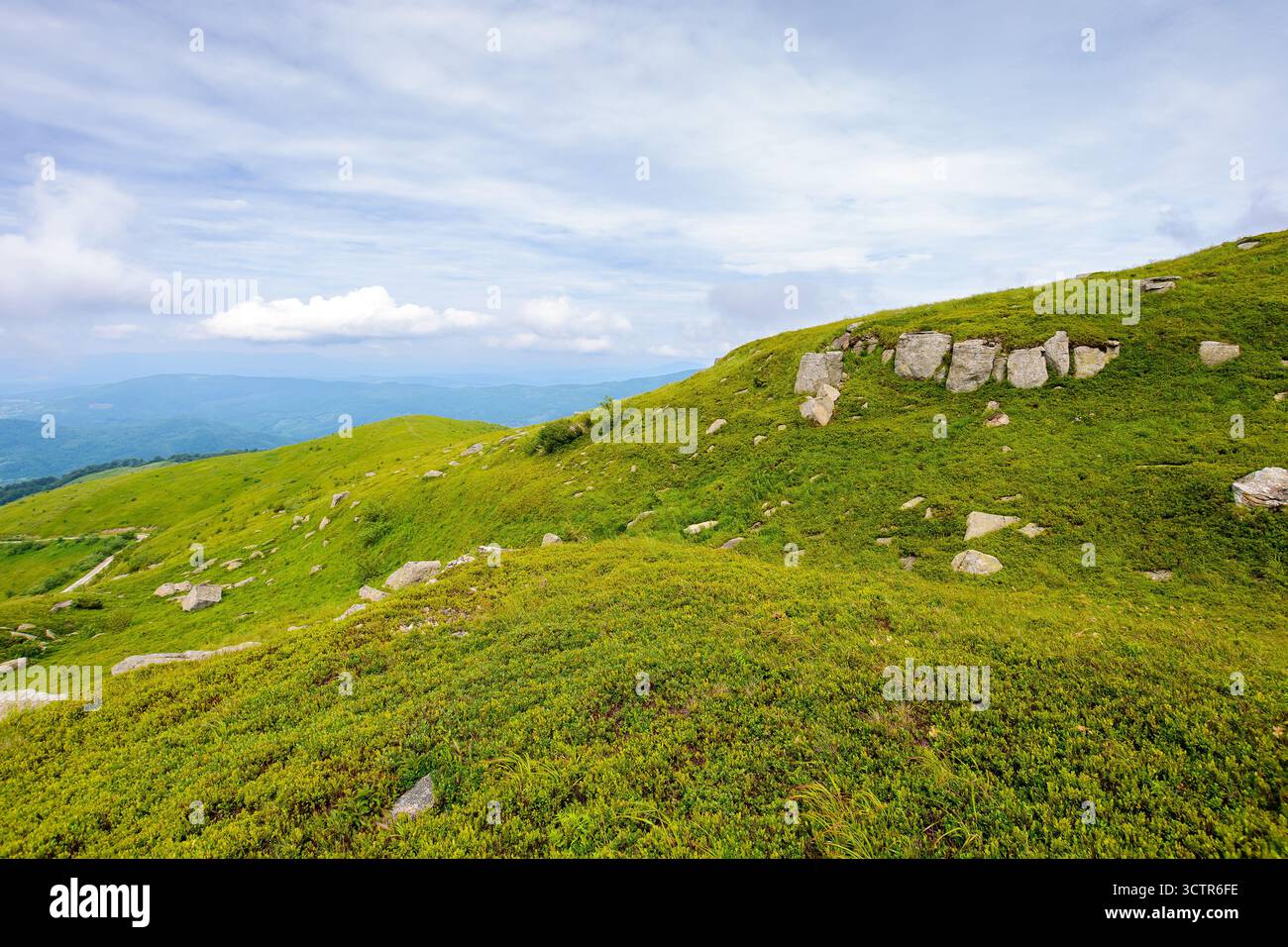 paesaggio montano mozzafiato con massicce rocce sul prato alpino in estate. splendida natura delle alpi carpazie. panorama spettacolare con colline e Foto Stock