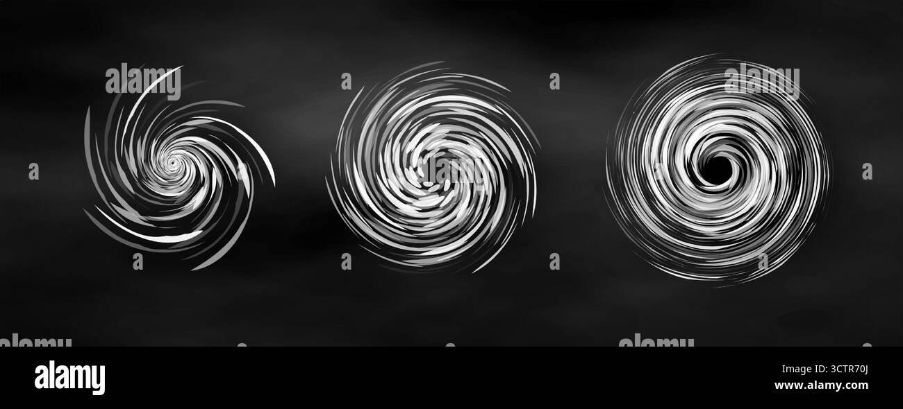 Realistici vortici a imbuto di uragano tornado, ciclone vorticoso per infografica meteorologica, notizie meteo. Riscaldamento globale. Nebulosa galassica in scala di grigi Illustrazione Vettoriale